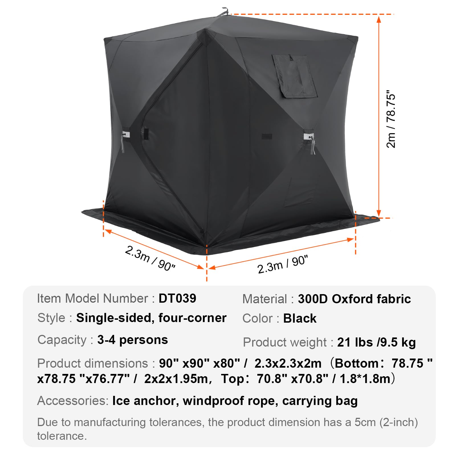 VEVOR Tente de pêche à glace portable pop-up pour 1 à 8 personnes, abri à glace isolé, grande zone de pêche, bidon de glace style hub pour la pêche d'hiver, cube de glace Oxford imperméable avec
