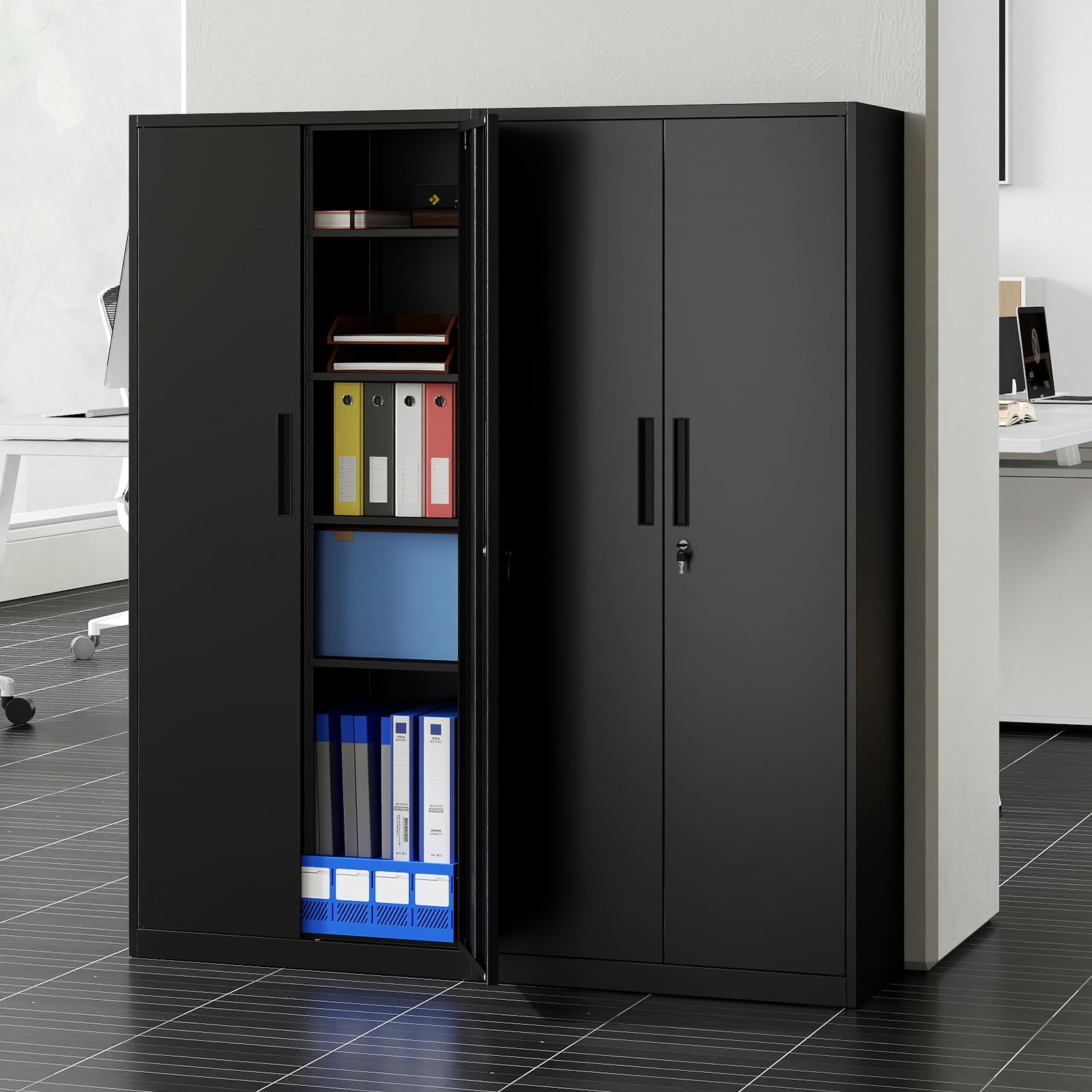 COSTWAY Aktenschrank abschließbar, 180 cm Metallschrank mit Doppeltür & 4 verstellbaren Regalen, Büroschrank Stahl, Mehrzweckschrank Werkstattschrank für Büro, Wohnzimmer, Garage, Schwarz