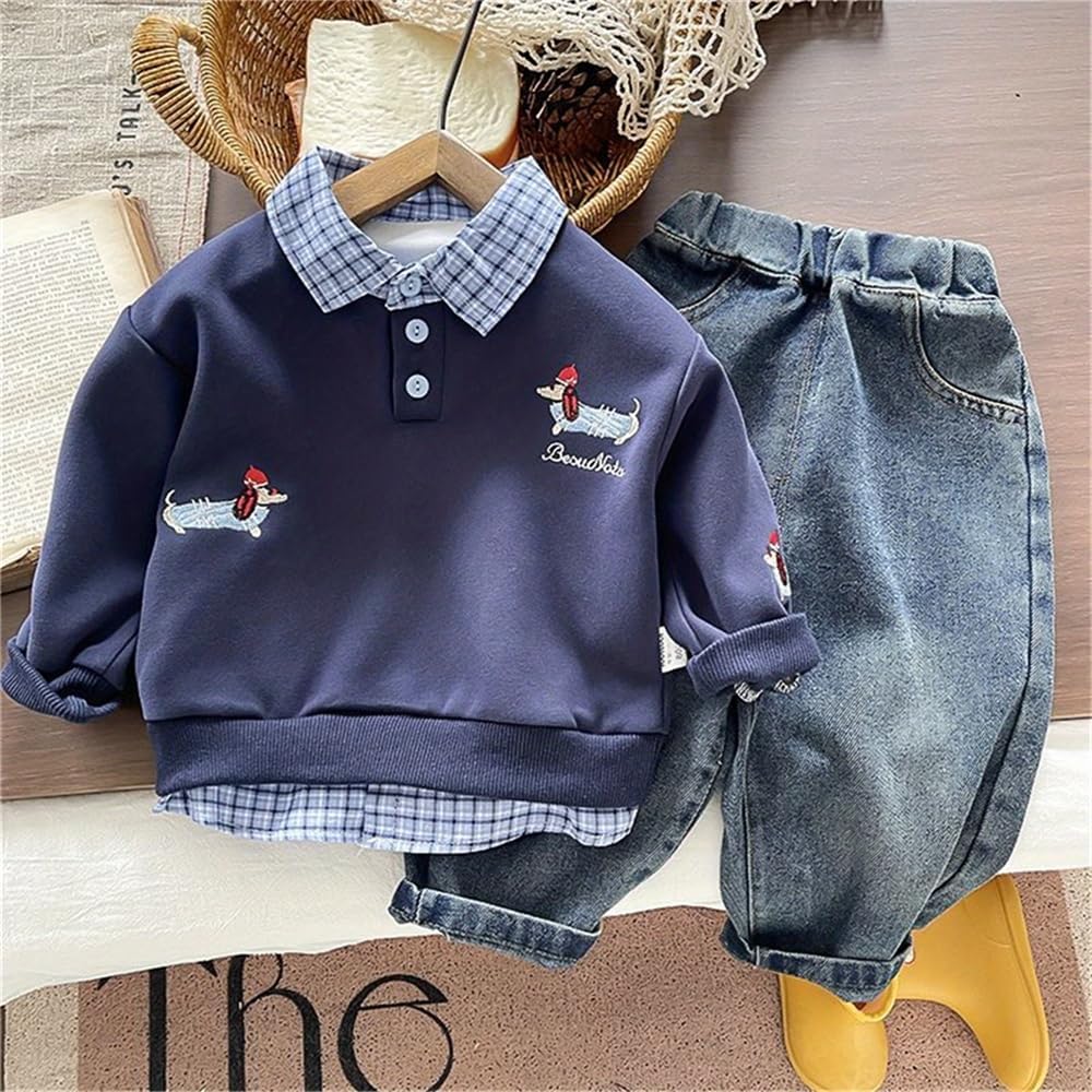 Baby Boys Outfit Set Sweatshirt Plaid Collar hoodies Jeans Pants 2-Piece Casual Clothes Sets - Image 2
