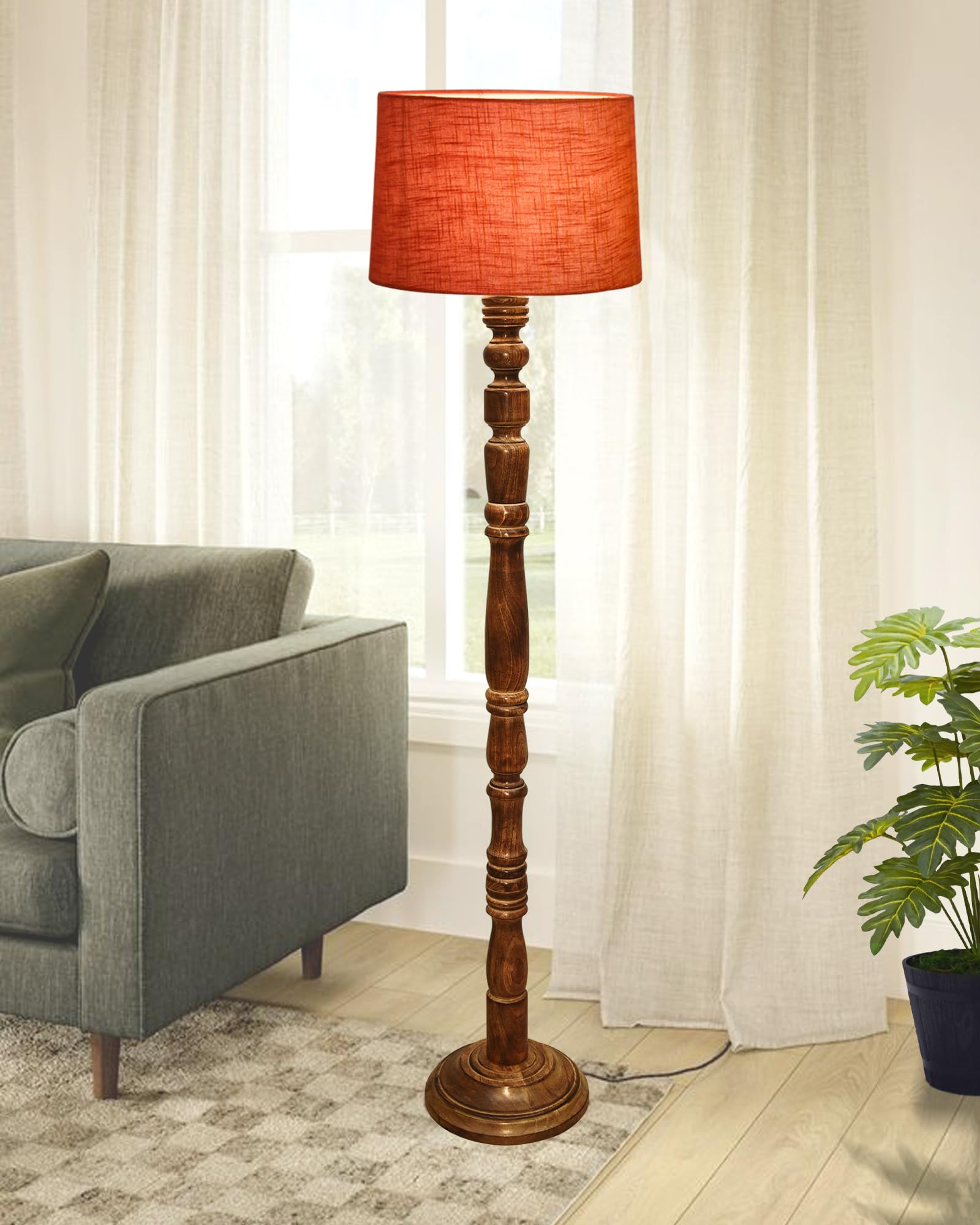 Homesake®Rustic Wood Floor Lamp in Walnut Brown with Multicolor Fabric Lamp Shade | Light Decoration for Home Corner | Living Room & Bedroom Bedside Floor Lamp, Antique Floor Light, Candlestick, Red