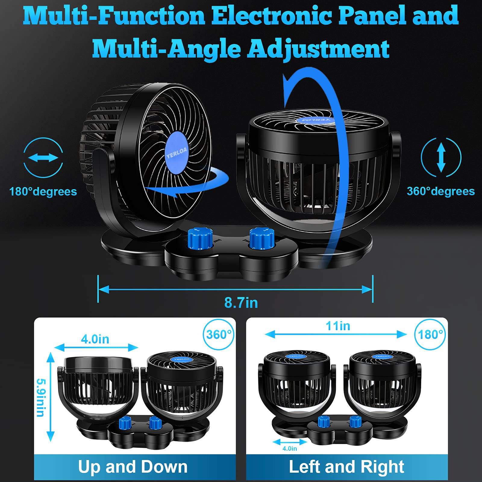 Yerloa Ventilatore Auto 12V, 12V Ventilatore di Raffreddamento per Auto con Rotazione a 360°, Potente e Silenzioso, Presa Accendisigari, per SUV, Camper, Golf Cart e Veicoli
