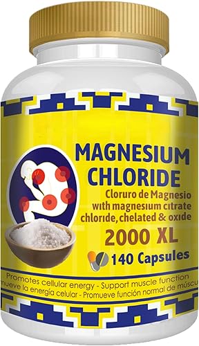 Cloruro de magnesio (cloruro de magnesio) 140 cápsulas  Citrato de magnesio de alta absorción, quelado y óxido de alta potencia Mg, sin OMG