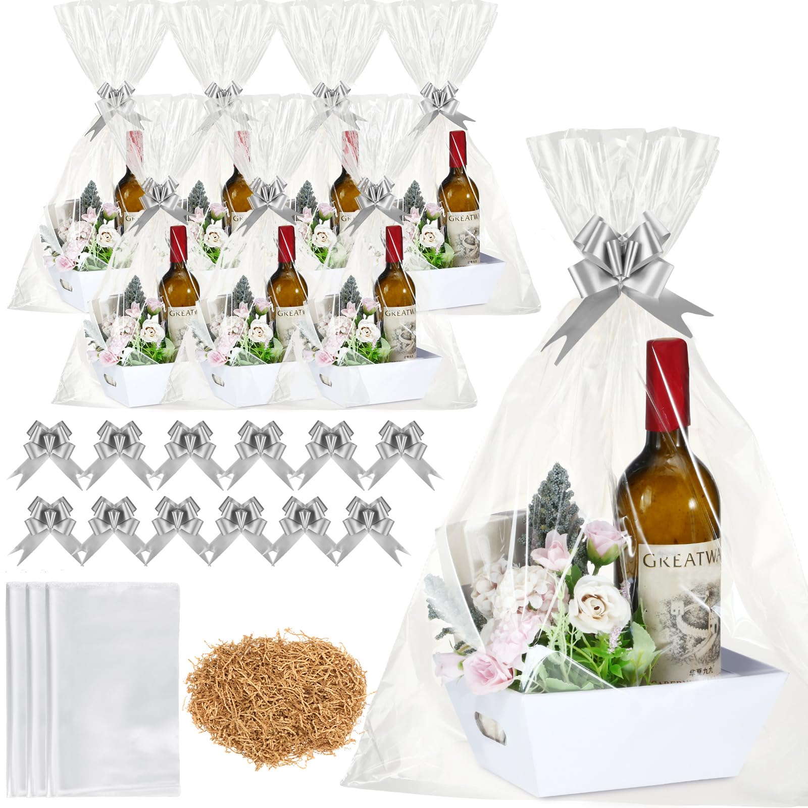 Fulmoon 20 Pcs Baskets for Gifts Empty Kraft Gift Basket Kit with 20 Pull Bows 20 Clear Gift Bags Raffia Empty Gift Basket for Birthday Wedding Christmas Valentines (White Basket, Silver Bow,Classic)