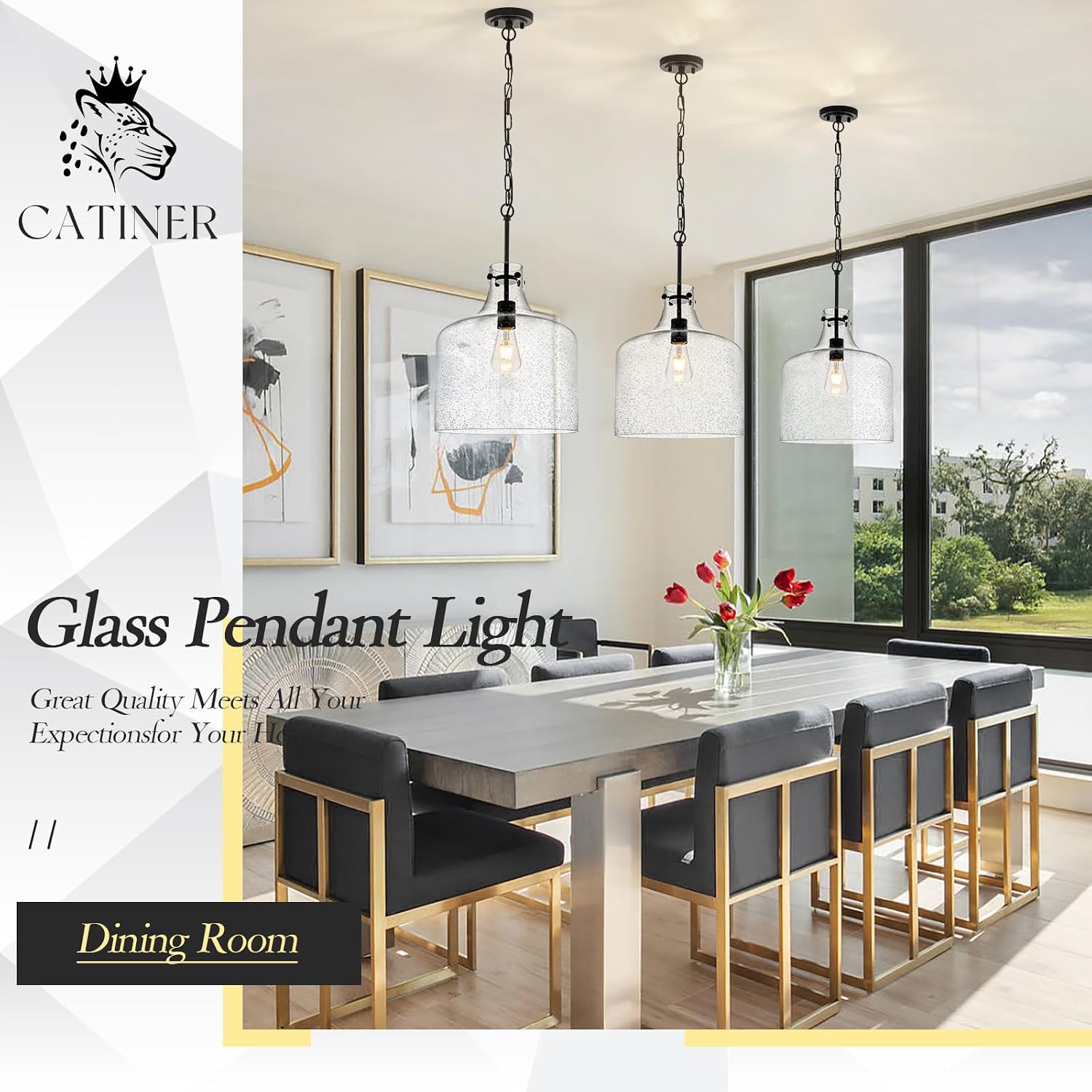 CATINER 12" Black Seeded Glass Pendant Light, Modern Farmhouse Hanging Ceiling Light Fixture for Kitchen Island, Dining Room, Hallway, Hand-Blown Bubble Glass Shade, E26 Dimmable Pendant Lighting