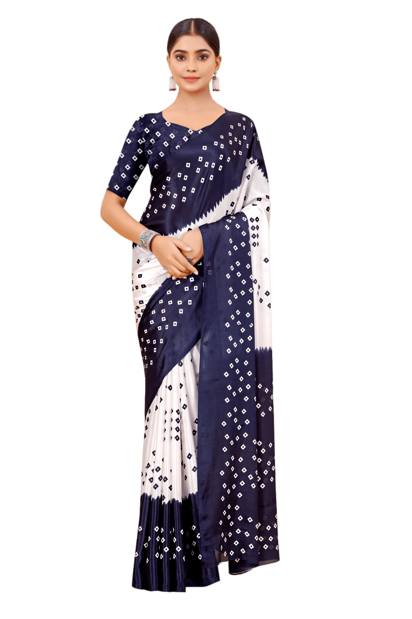 REDXWomen's soft Silk White Banadhani Saree With Blouse Piece