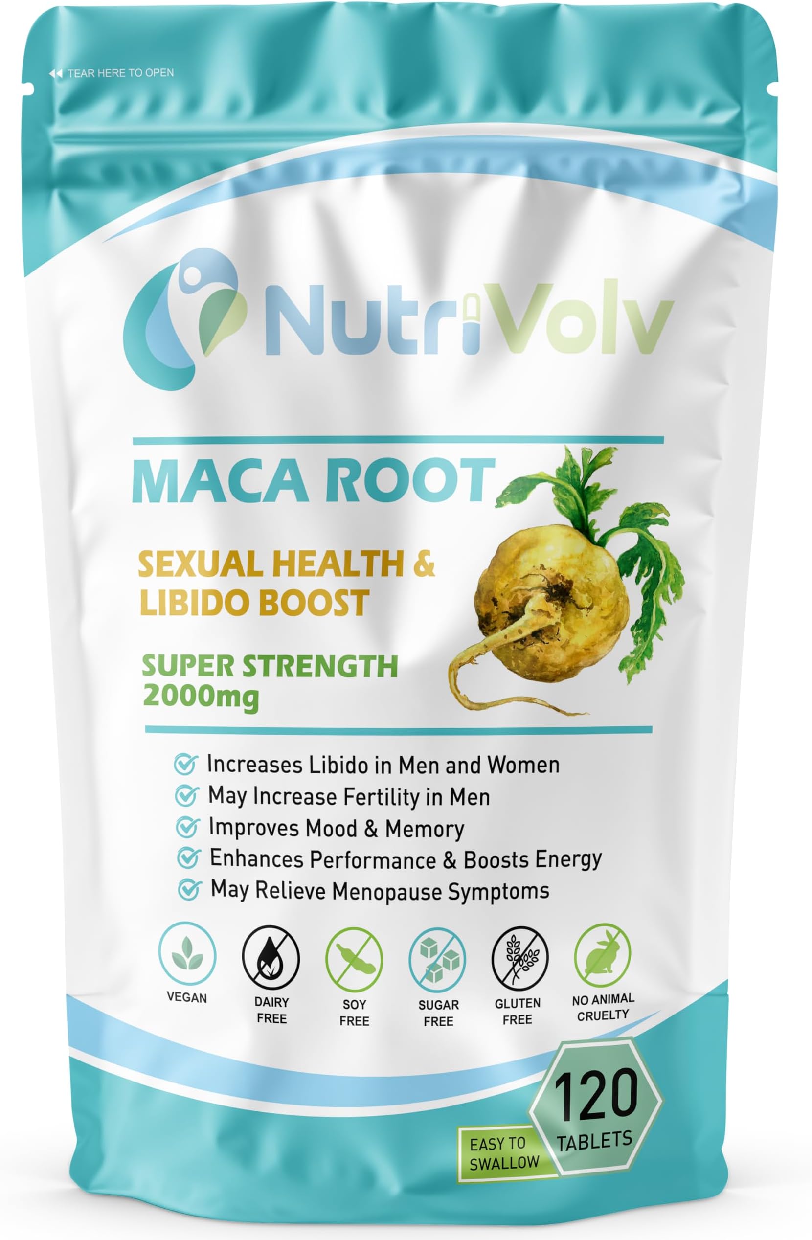 NutriVolv Maca Root Supplement 2000mg | 120 Vegan Tablets | High Strength Energy, Stamina & Endurance Support | Fertility & Hormone Balance for Men & Women | Libido & Vitality Booster | UK Made