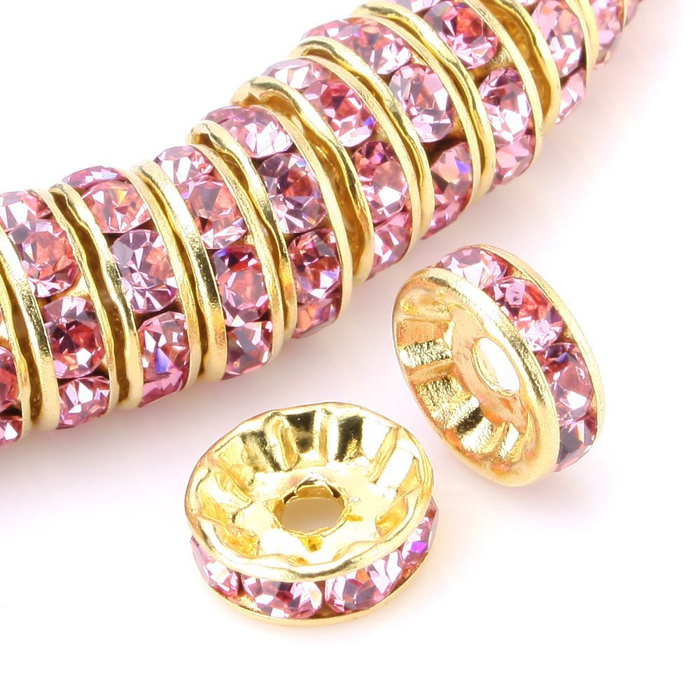 RUBYCA 100pcs Round Rondelle Spacer Bead Gold Tone 10mm Light Rose Pink Czech Crystal