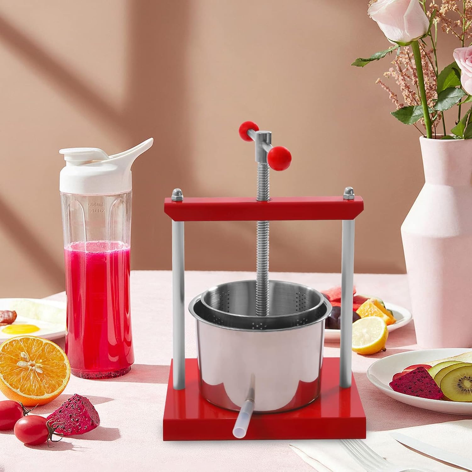 Manual Fruit Press Wine Press Juice Maker Making Tool Farms Household Stainless Steel Barrels Press Machine for Apple Grapes Cheese Honey Vegetable,6L