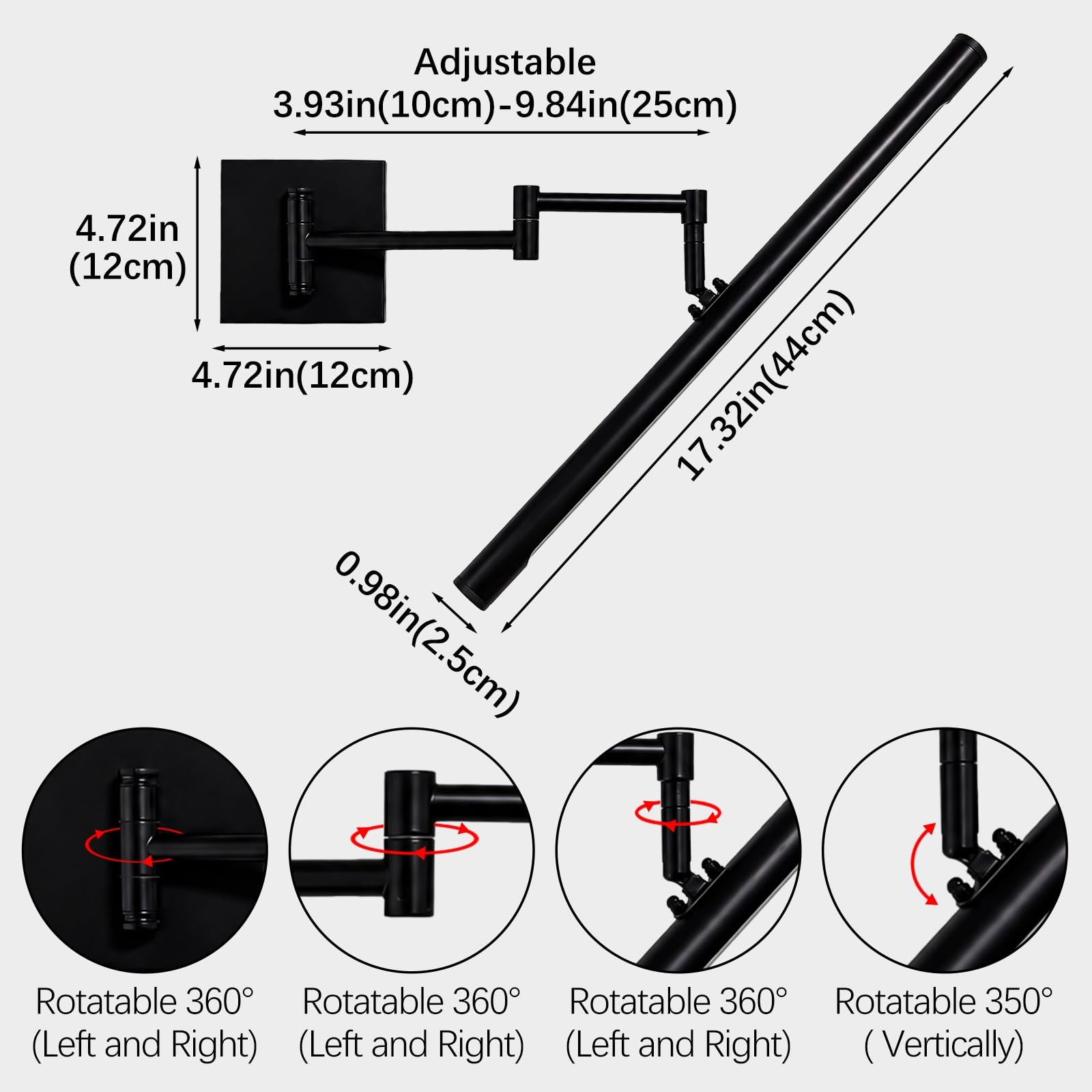 Jadssox Lampe de vanité de salle de bains linéaire à LED, applique murale à bras pivotant, lampe avant de miroir réglable, éclairage d'image à cadre rotatif, lumières de miroir de courtoisie noires