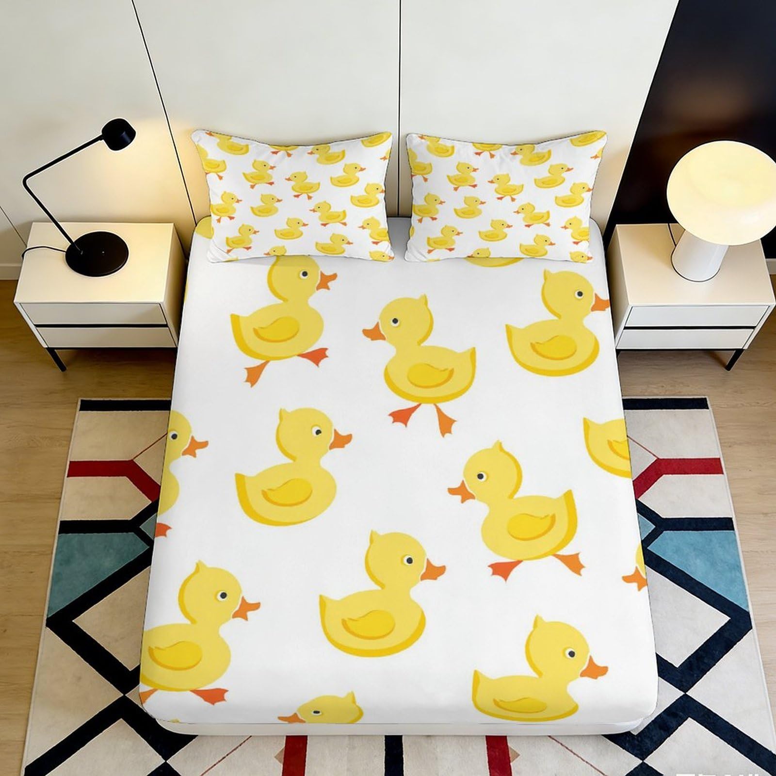 3D Printed Yellow Duck Fitted Sheet Microfiber Soft Non-slip Duckling Bed Cover for Bedroom Dorm Mattress Decor 90x200x25cm