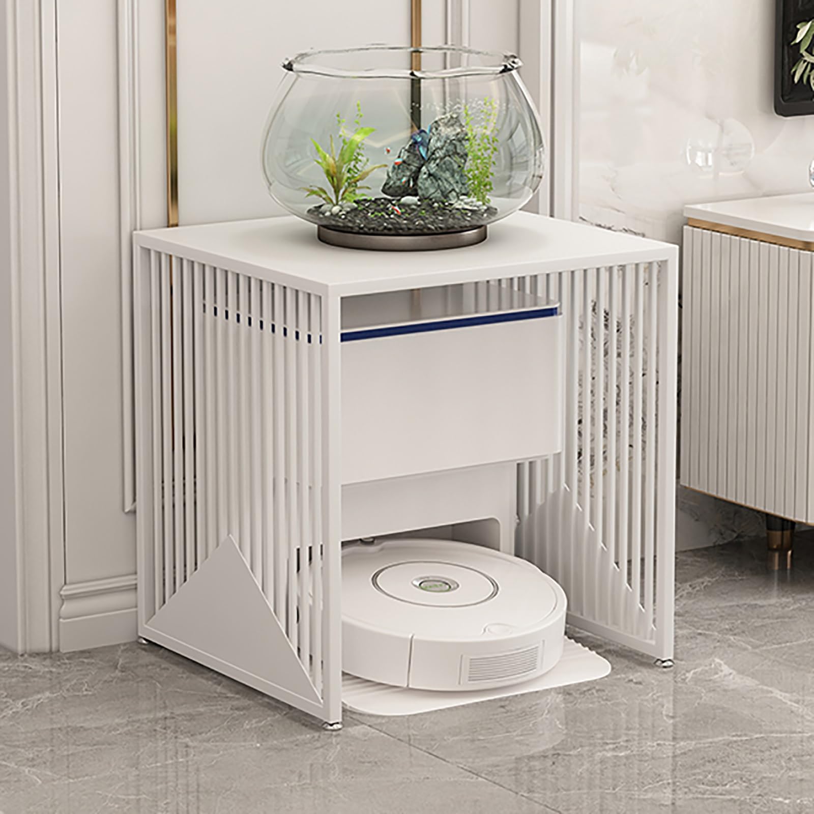 Mobilny stojak do przechowywania robota próżniowego z płytą skalną, wielofunkcyjny stolik pomocniczy do salonu i łazienki (biały, 50 cm)