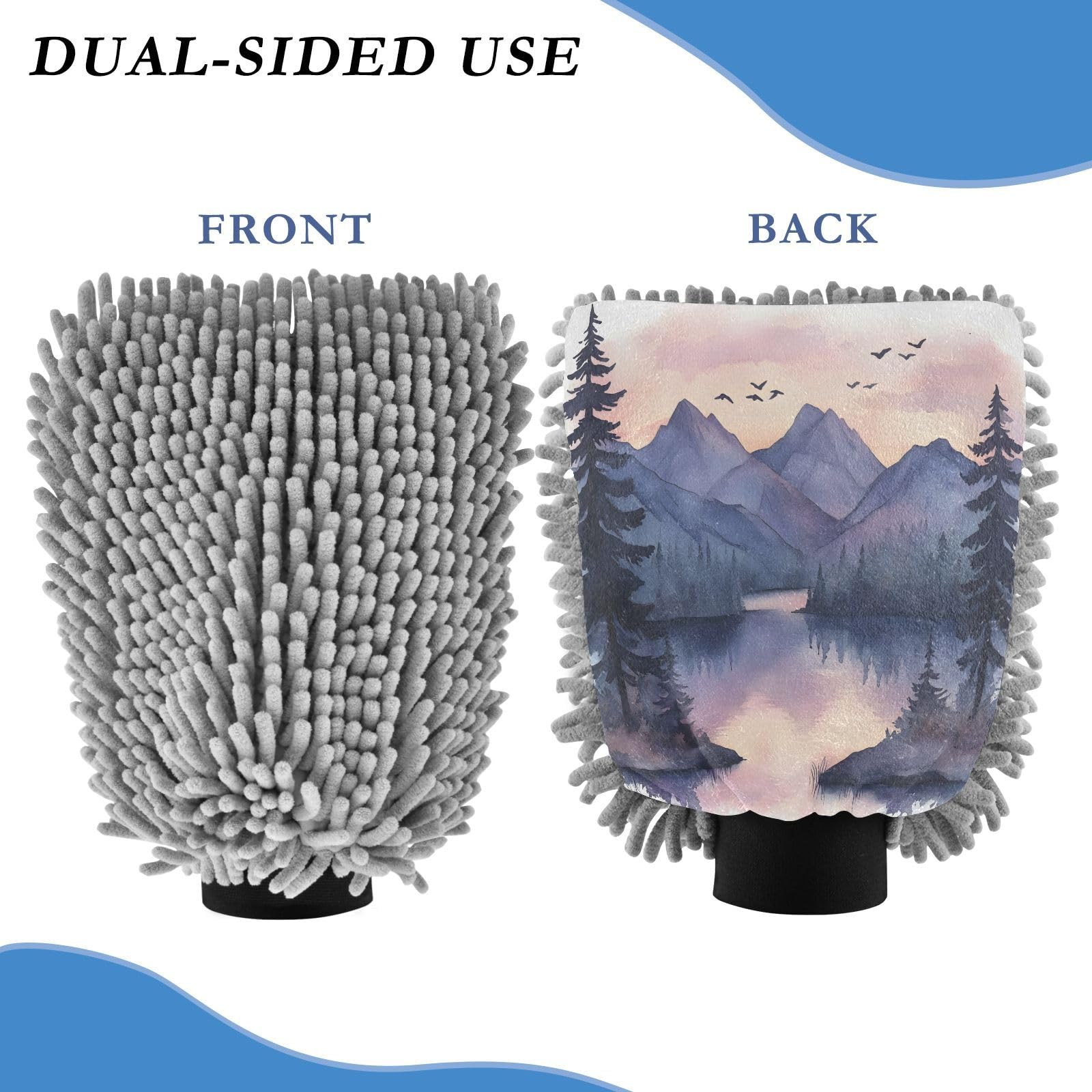 Flradish 2 Pack Watercolor Mountains Car Wash Mitt Chenille Microfiber Lint-Free Scratch Free Ultra-Soft Absorbent Car Wash Mitt 11.8x8.07 Inch