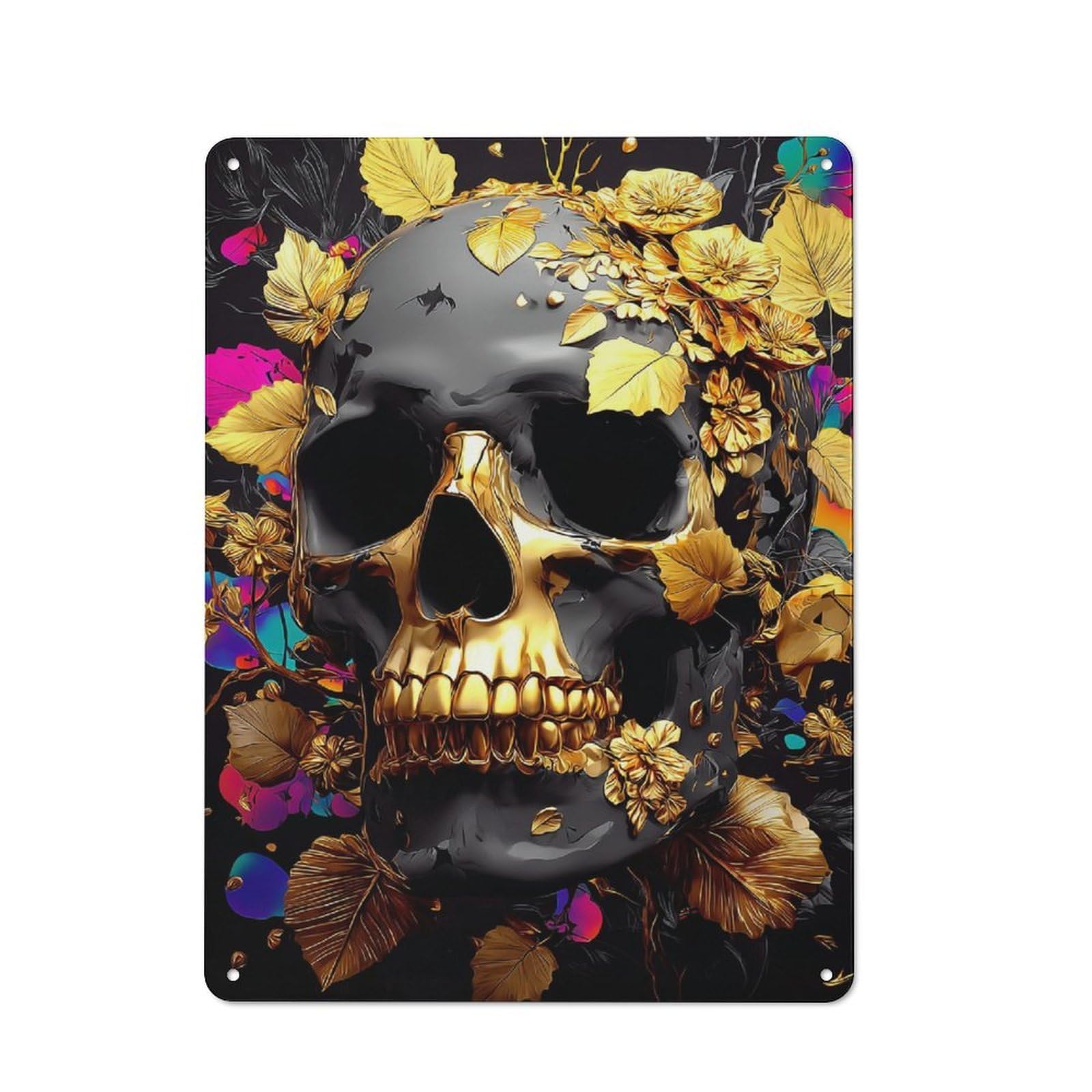 Junmoney Golden Skull With Flowers Artwork-1 Metal Wall Sign 40X30cm Featuring For Café Or Restaurant, A Decorative Metal Sign For Cafés And Restaurants