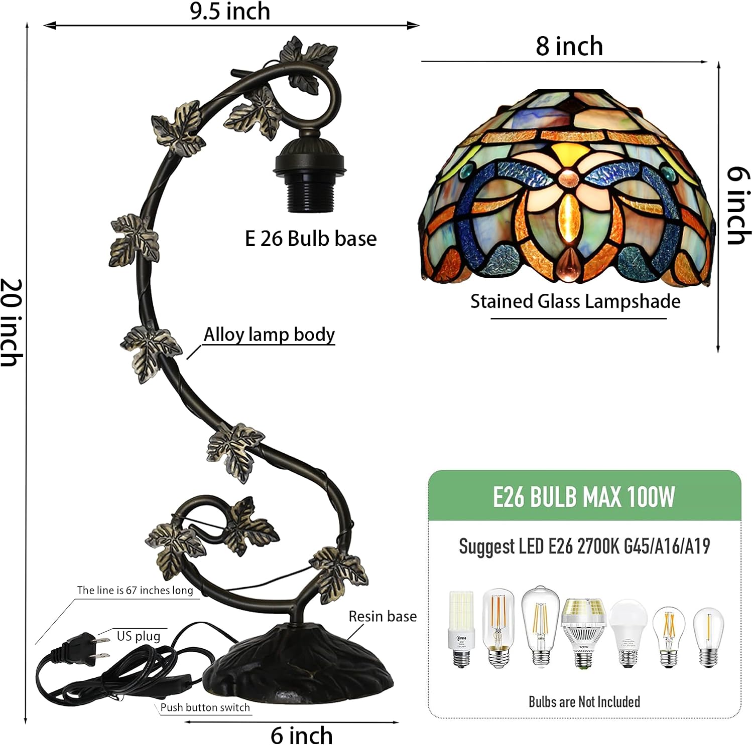 Tiffany Table Lamp Stained Glass Small Lamp 8 x 10 x 21 Inches Metal Leaf Base Bedroom Living Room Study Desk Reading Light (Blue Baroque Style)