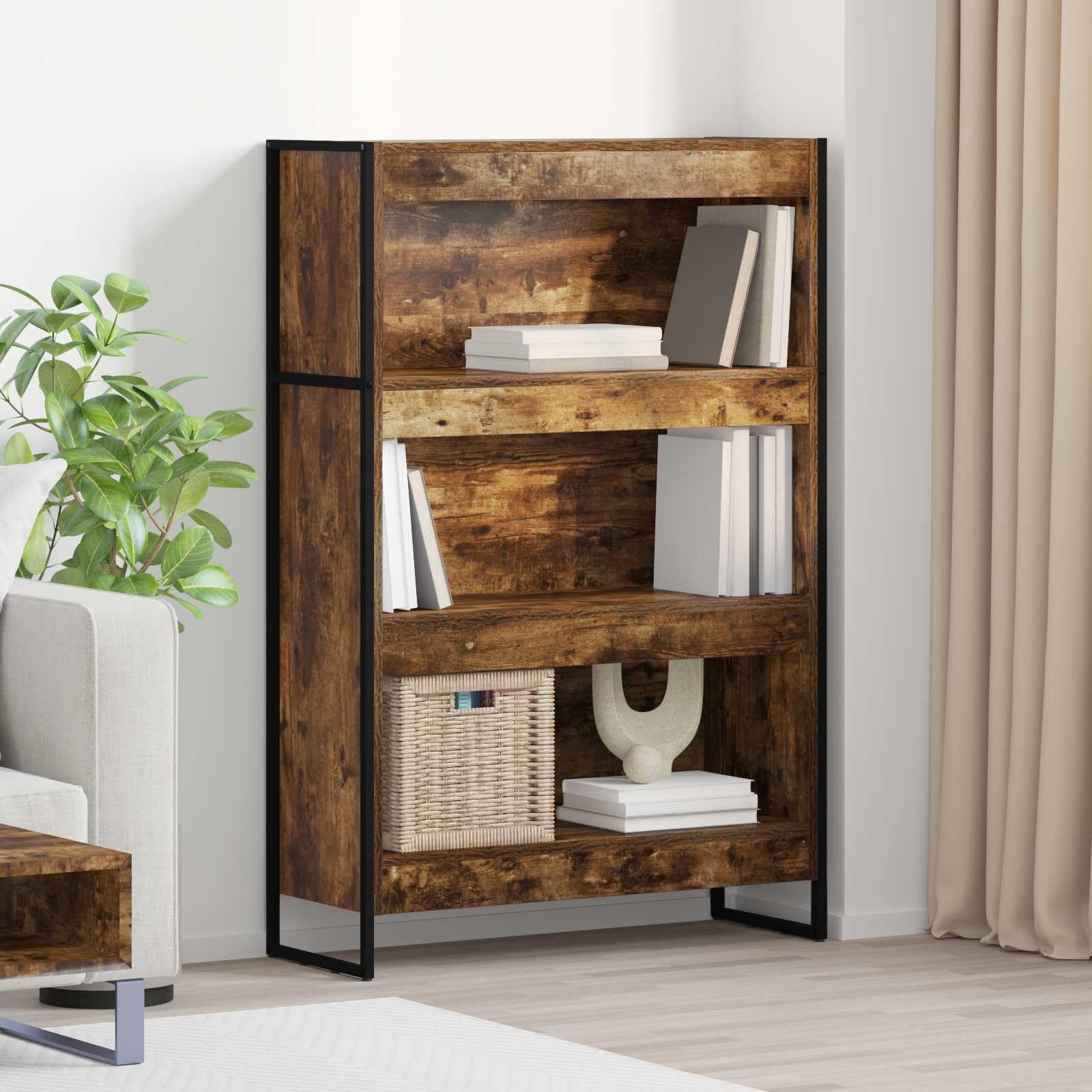 Raucharbe Regał na książki 80 x 30 x 121 cm, przemysłowy regał stojący z materiału drewnopochodnego ze stalowymi nogami, otwarty regał do salonu, biura i domu