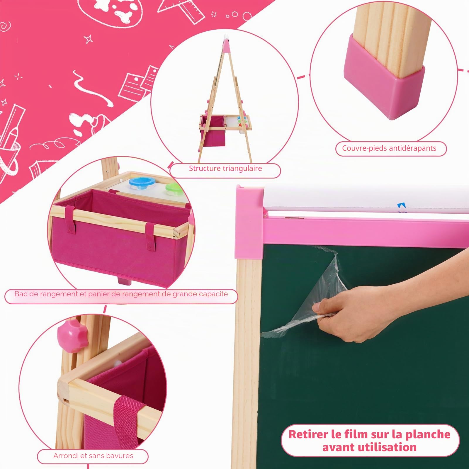 3 en 1 Chevalet Enfant avec Rouleau de Papier, Rangement et Kit de Dessin, Tableau Double Face Enfant, Tableau de Griffonnage pour Kids, Planche à Dessin pour Enfants à partir de 4 ans