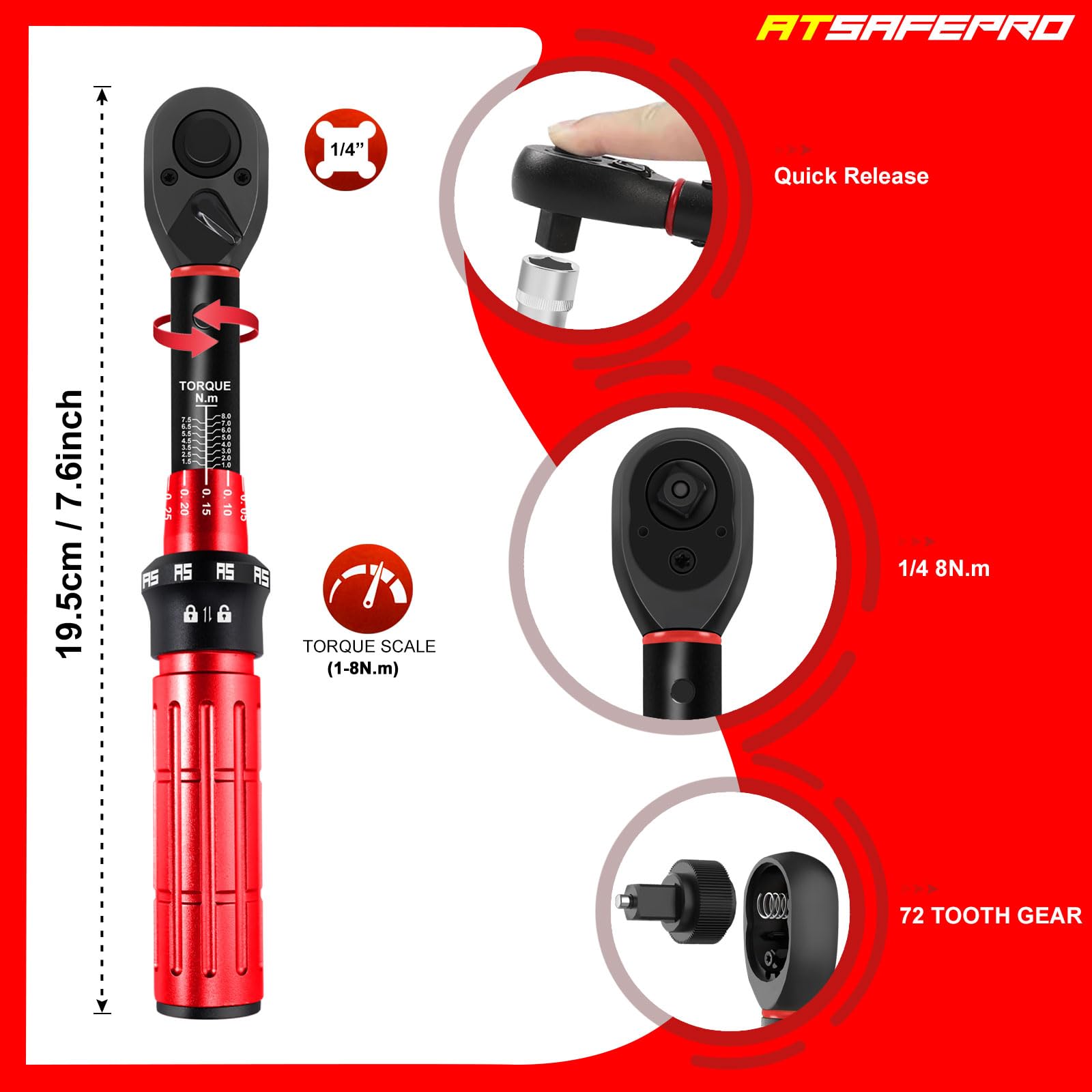 ATsafepro Torque Wrench 1/4 Inch, 1-8 N.m Small Torque Wrench for Bicycle and Motorcycle 72 Tooth Dual, Direction Adjustable - Image 2