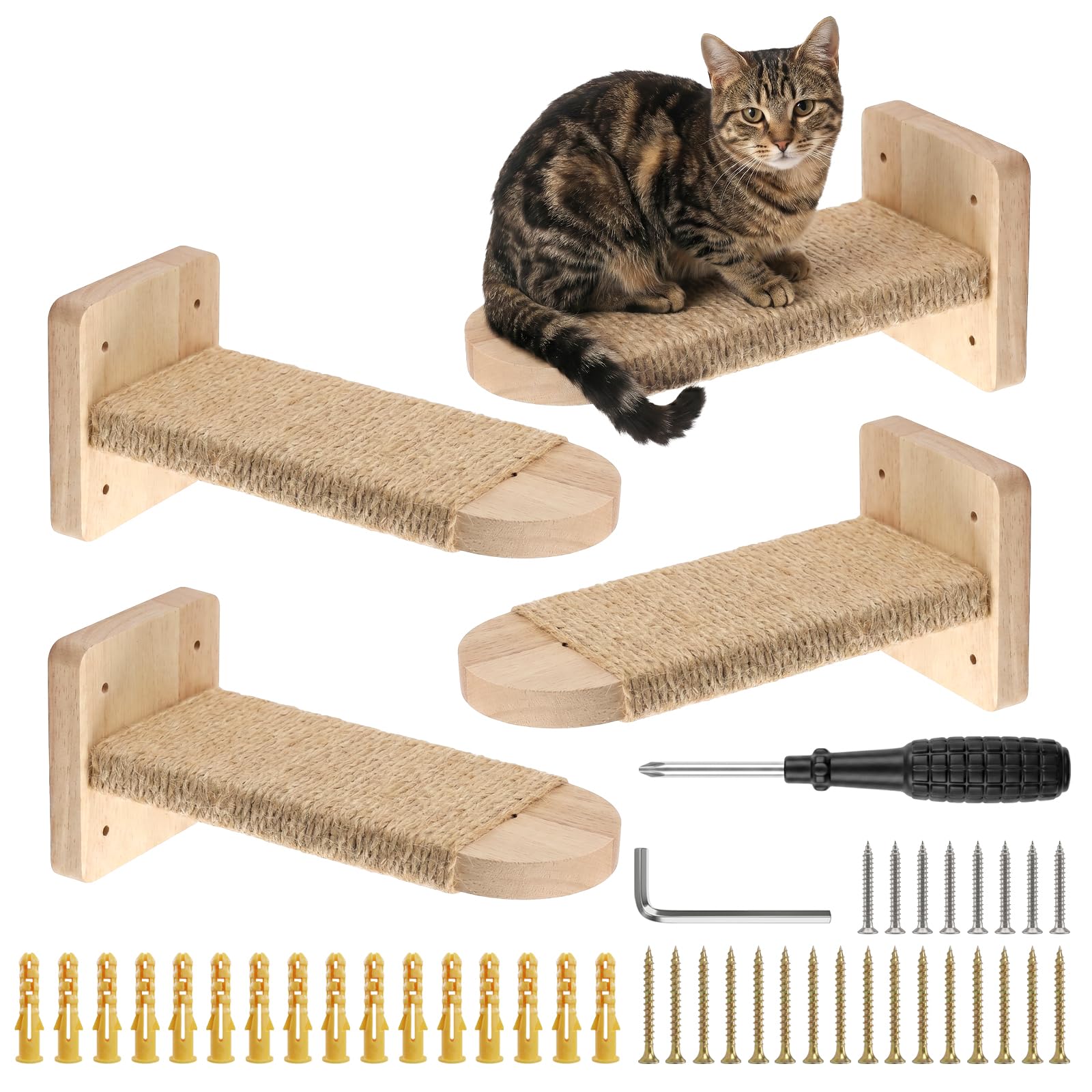 Katzentreppe Wand: 4 Stück Massives Gummibaumholz Katzen Kletterwand mit Jute-Seilen zum Kratzen Geeignet zum Klettern, Ausruhen und Kratzen für Katzen