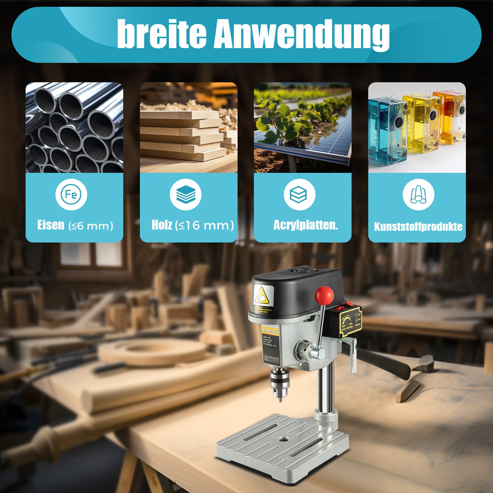 Tischbohrmaschine 340W, Standbohrmaschine, 3-Gang Geschwindigkeit (0-16000 U/min), Präzisionsbohrmaschine mit Gusseisenbasis für Holz, Kunststoff, Aluminium, DIY & Möbelmontage