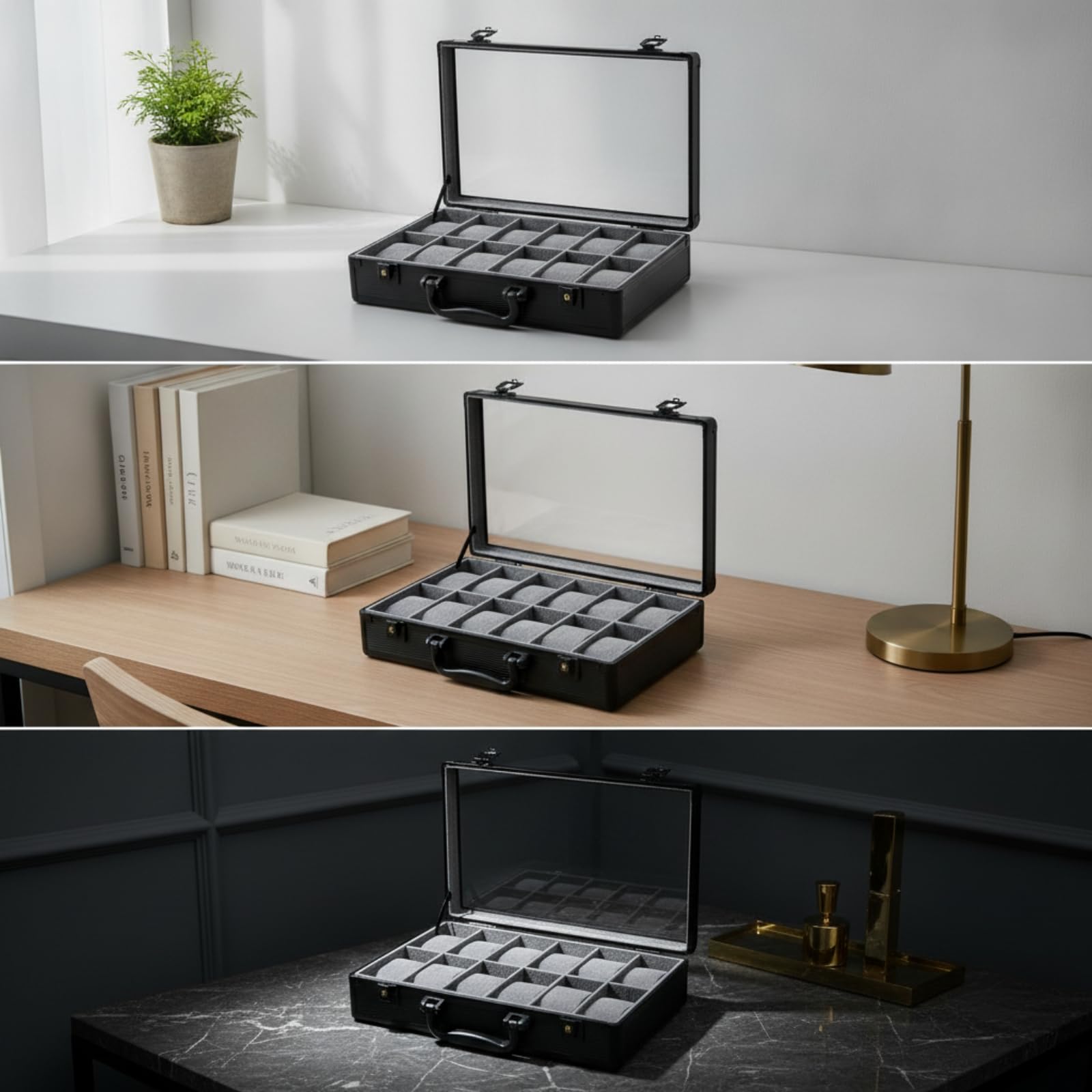 Contenitore Porta Orologi Scatola Espositore Organizer Valigetta Rivestimento Metallo Coperchio Trasparente Scomparti Imbottiti Adatto per Collezione Conservazione Casa Viaggi Negozio, Nero