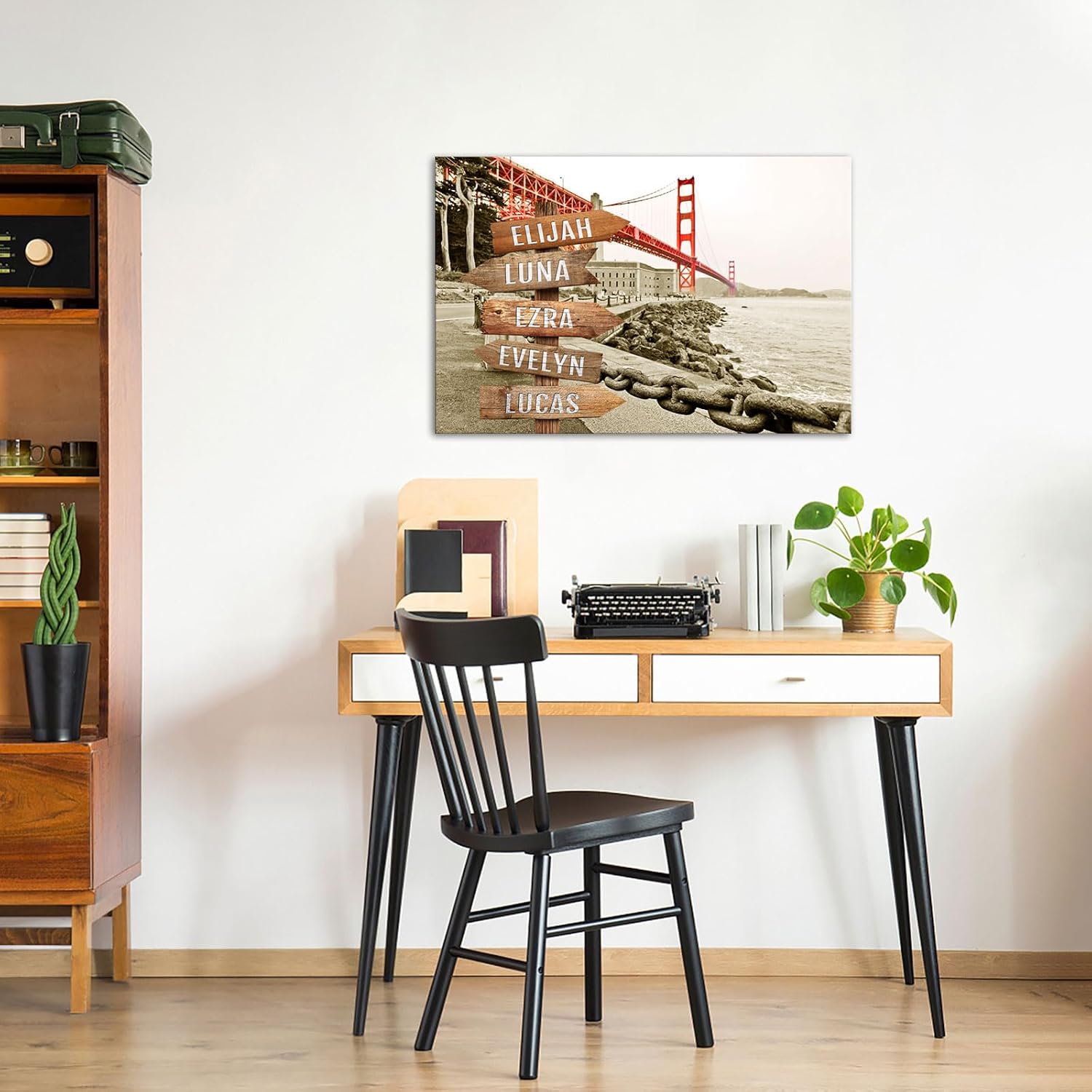iLOOKLiKE Personalized Street Sign with Family Name Wall Art Black and White Red Golden Gate Bridge Canvas Prints Custom San Francisco City Landscape Poster Framed Gifts for Home Decor 8x12inch