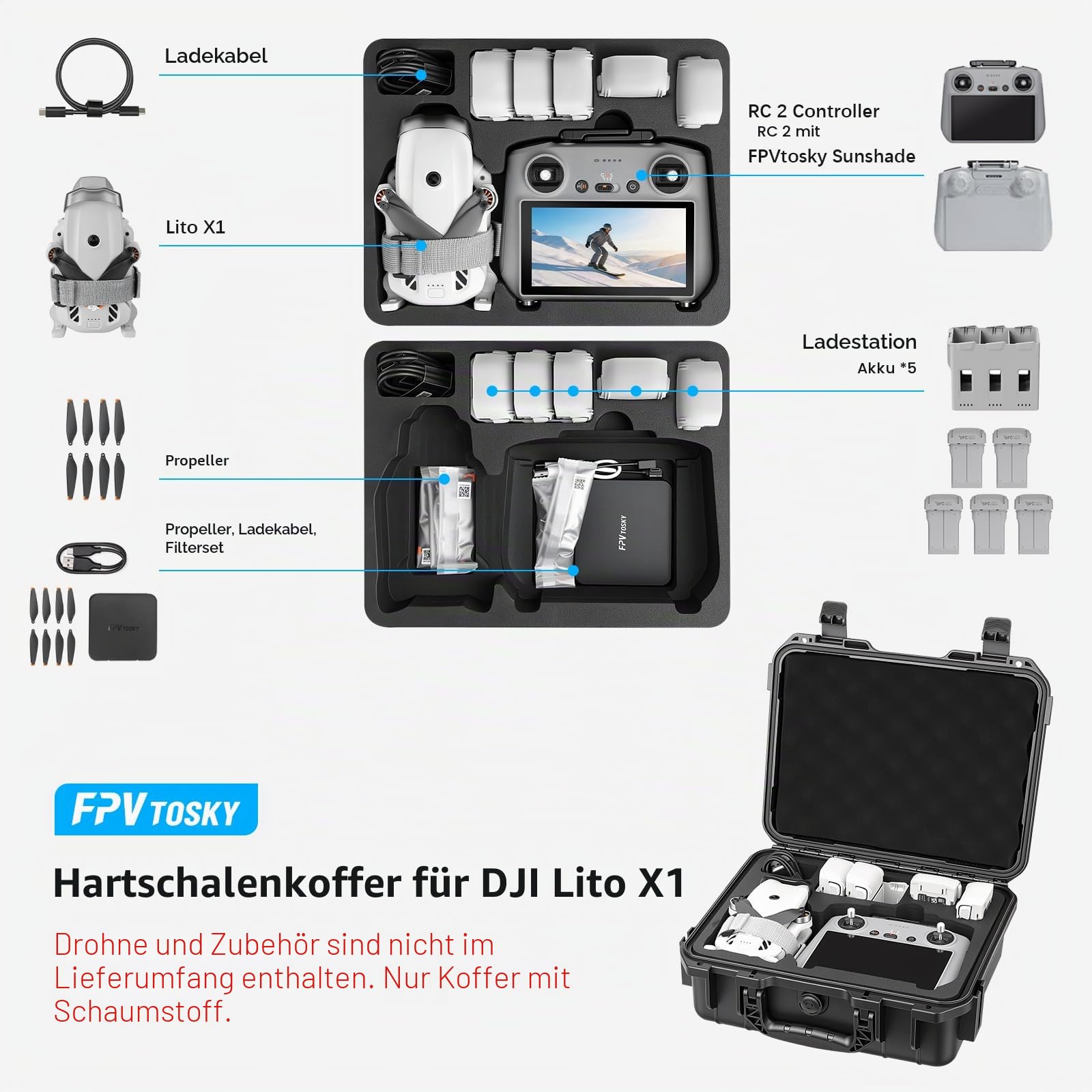 FPVtosky Wasserdichter Koffer für DJI Lito X1 Fly More Combo, Kompatibel mit RC 2 Fernsteuerung, Akkus, Ladehub und Zubehör [NUR Koffer]