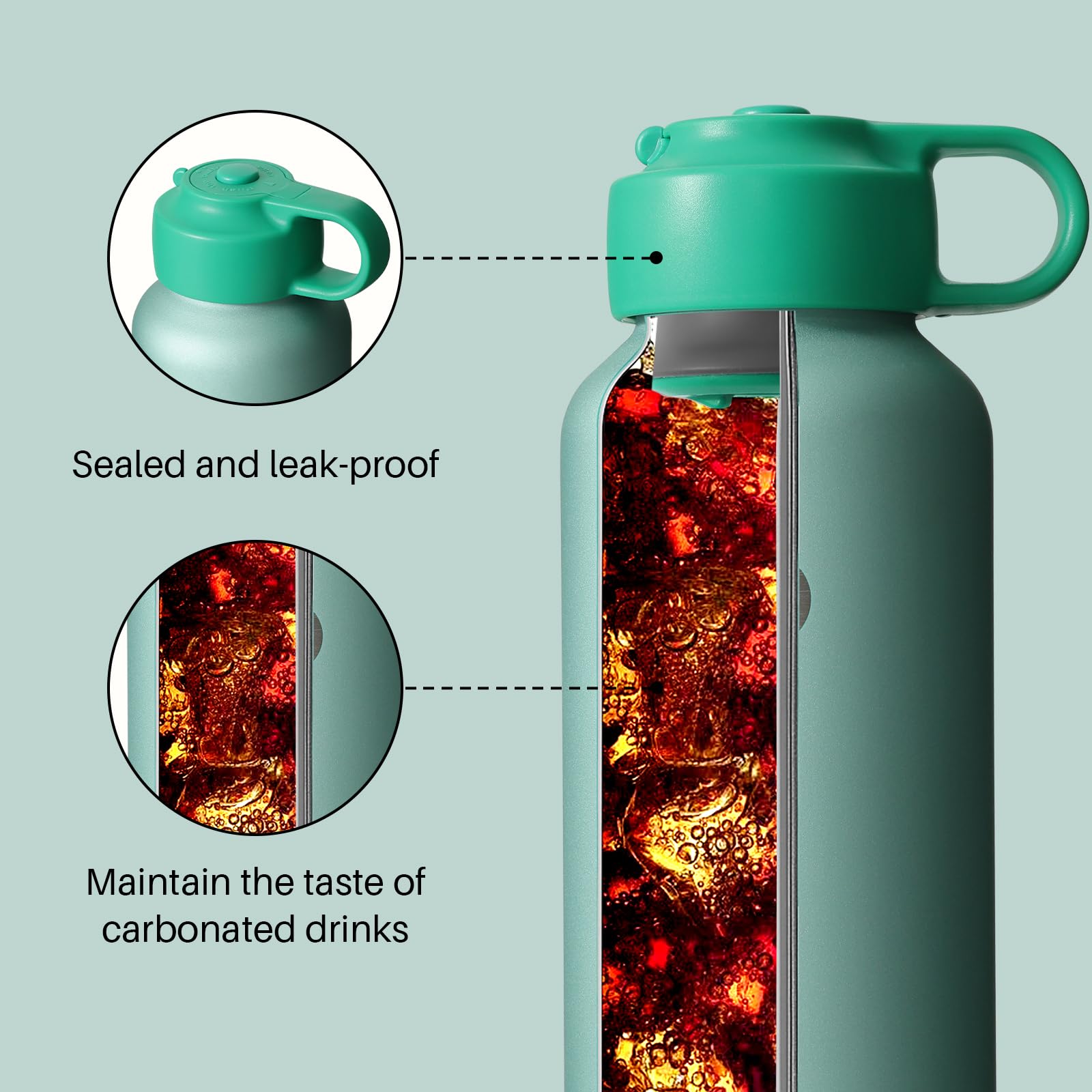 BOTTLE BOTTLE Wasserflasche für kohlensäurehaltige Getränke, 590 ml, isolierte Flaschen für kohlensäurehaltige Getränke, halten Kohlensäure länger, auslaufsicher, für Sport, Reisen, Schule (grün)