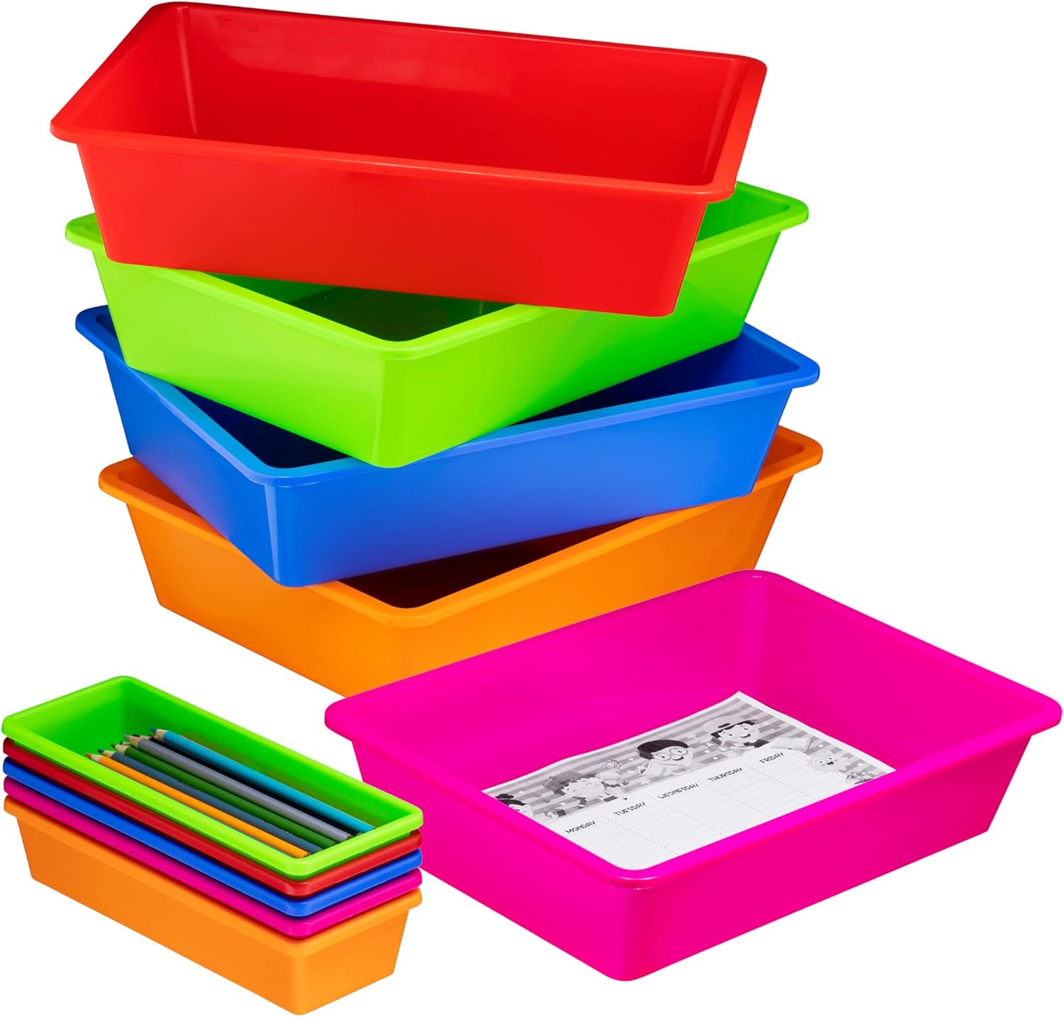 Set of 10 – 5 Pack Paper Organizer Bins, 5 Pack Pencil Storage Bin, Colorful Plastic Turn in Tray, Classroom File Holder, Teacher School Supplies Container, Organization Letter Baskets, Colored