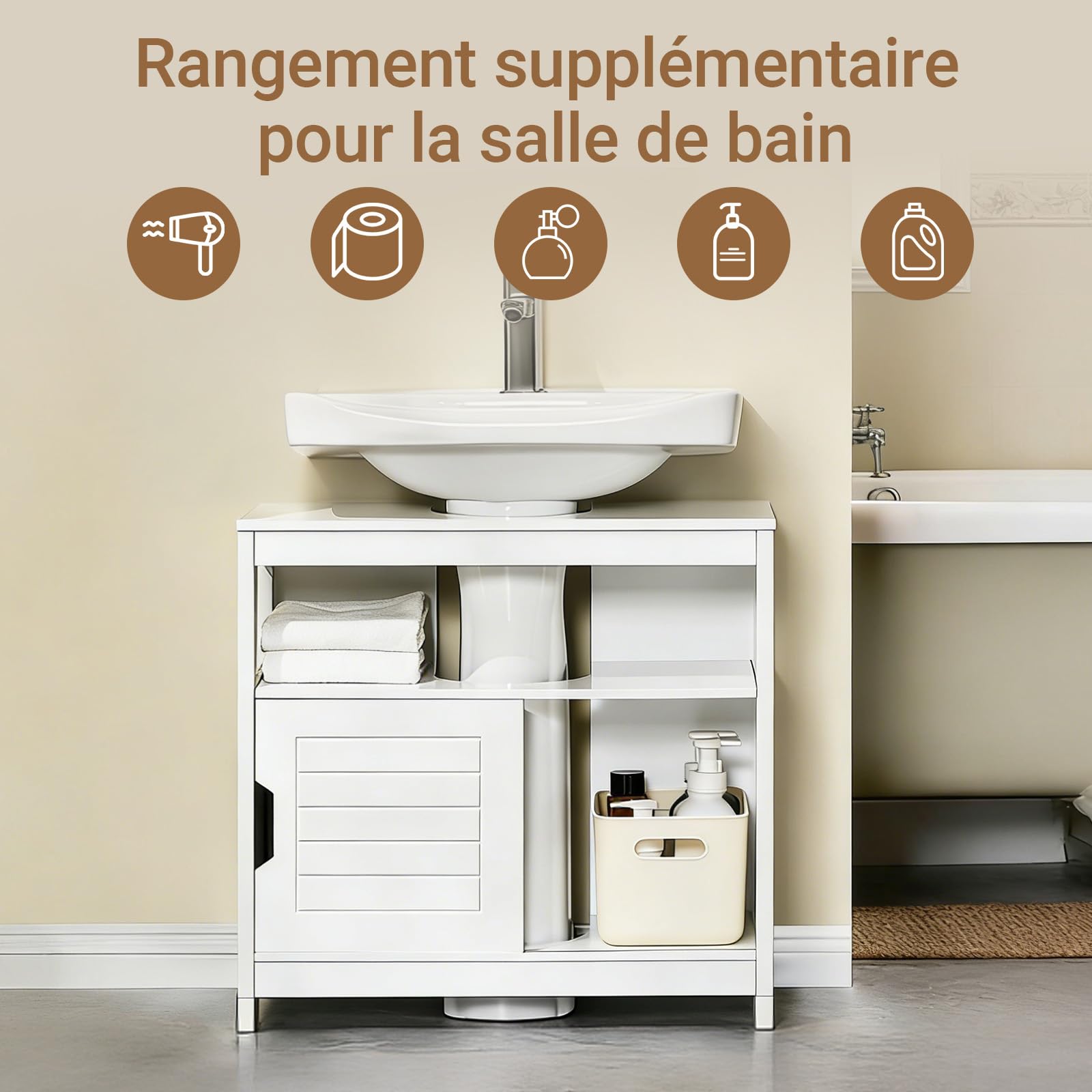 SoBuy Meuble sous Lavabo Salle de Bain avec 2 Portes Coulissantes Silencieuses, Meuble sous Lavabo, Rangement Optimisé pour Petite Surface, Anti-Humidité, Bois, Blanc, L60xP30xH60cm, FRG128-II-W
