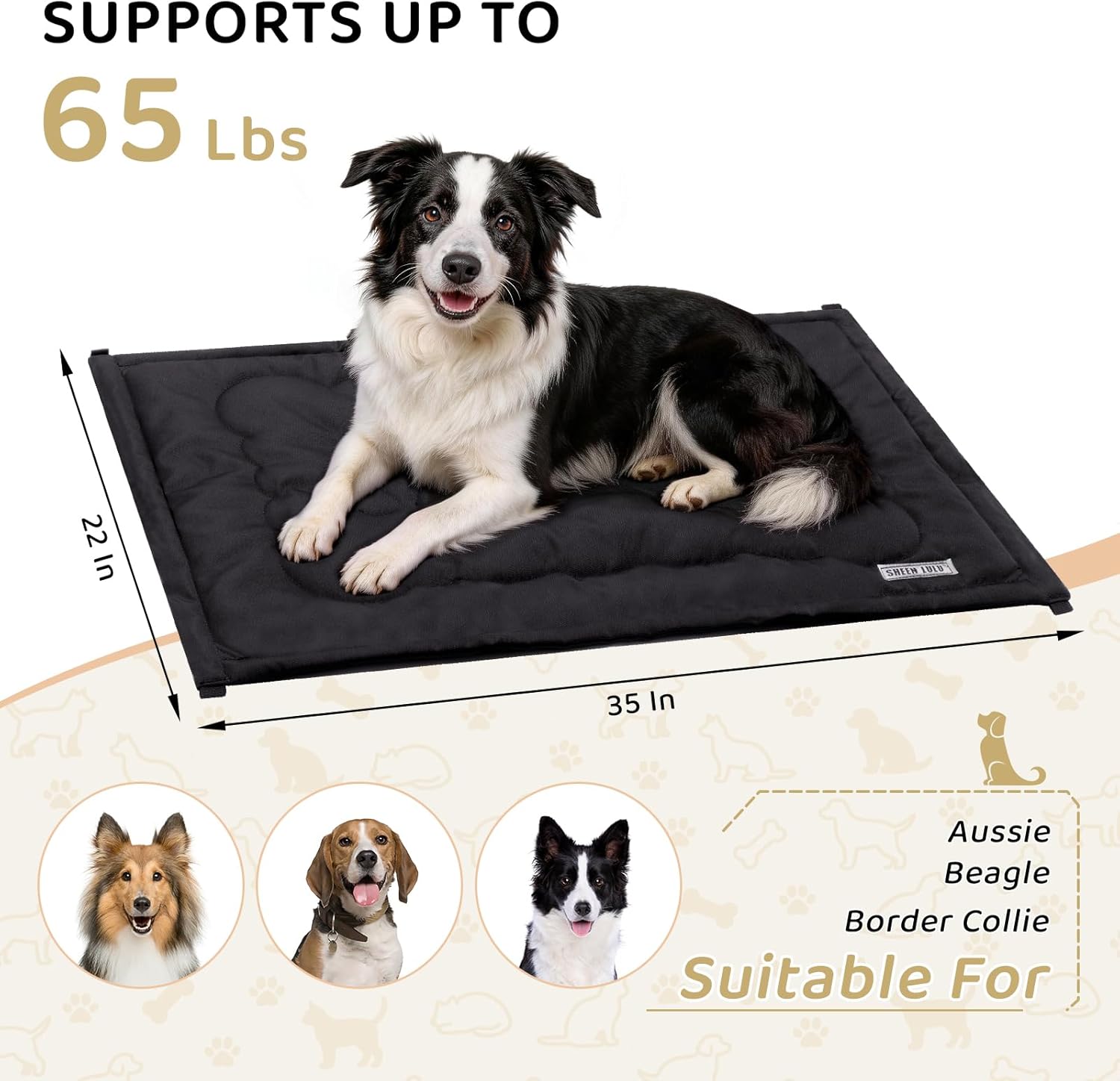 Chew Proof Dog Bed, Chew Resistanct Dog Crate Pad for Aggressive Chewers, Machine Washable Kennel Mat for Medium or Large Dogs, Black, 35''x22''