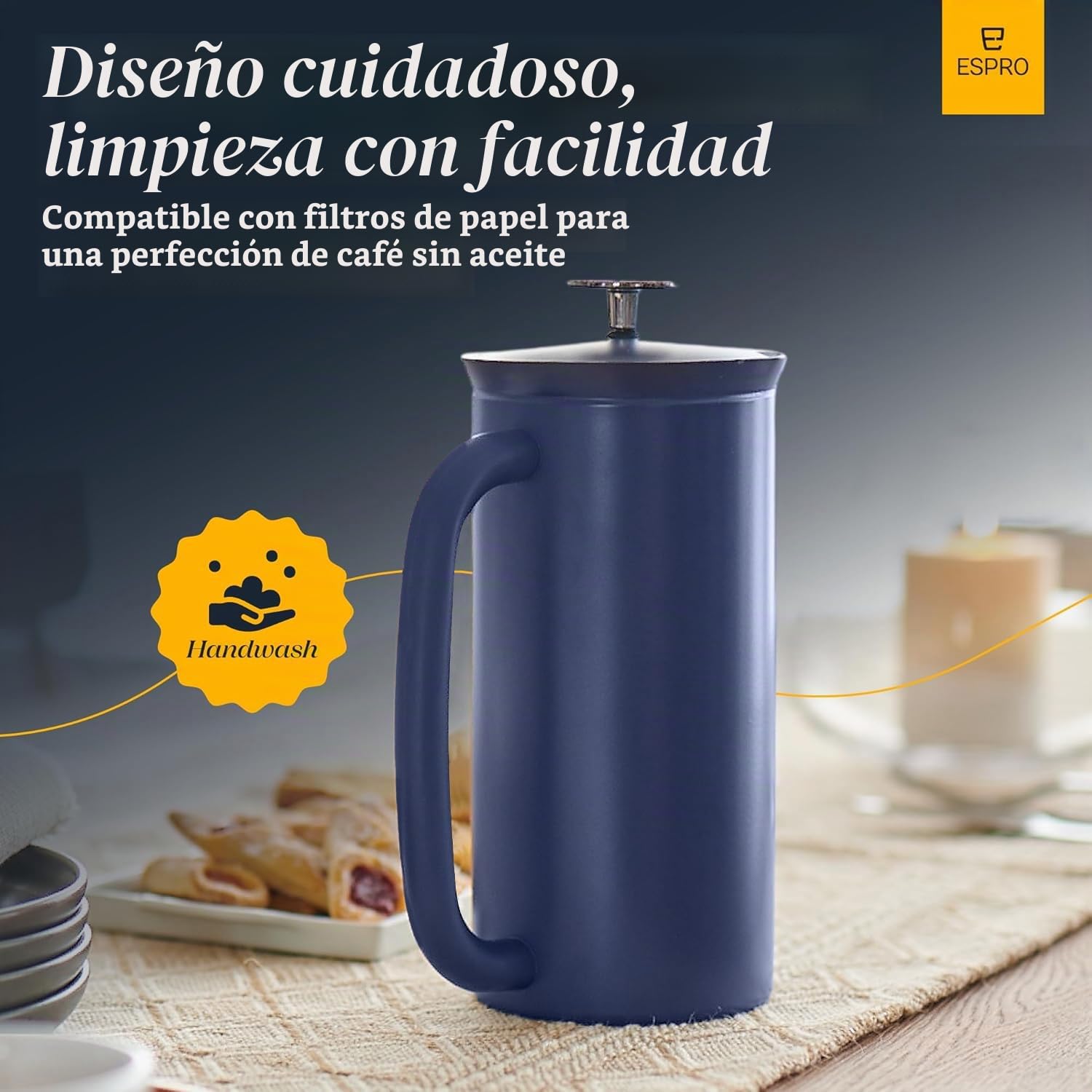 ESPRO P7 Cafetera de Embolo Acero Inoxidable, 530 ml, Azul | Acero inoxidable azul, aislamiento al vacio, doble microfiltro patentado, cafe sin posos