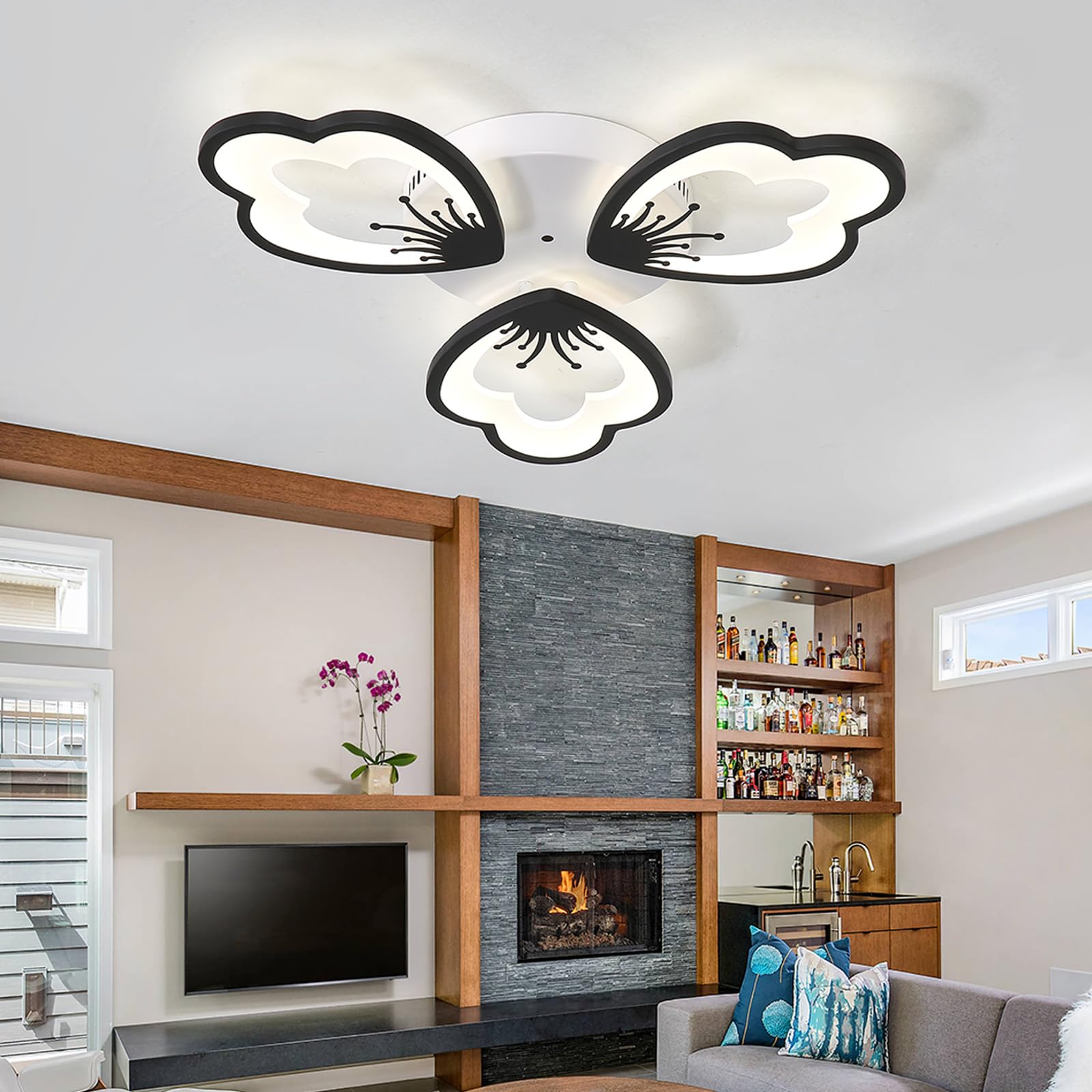 LYMSXAZOU Dimmable LED Chandelier with Remote Control - Modern 55cm Ceiling Light 3000-6000K Adjustable Night Lamp for Bedroom & Living Room Smart App Compatible Black