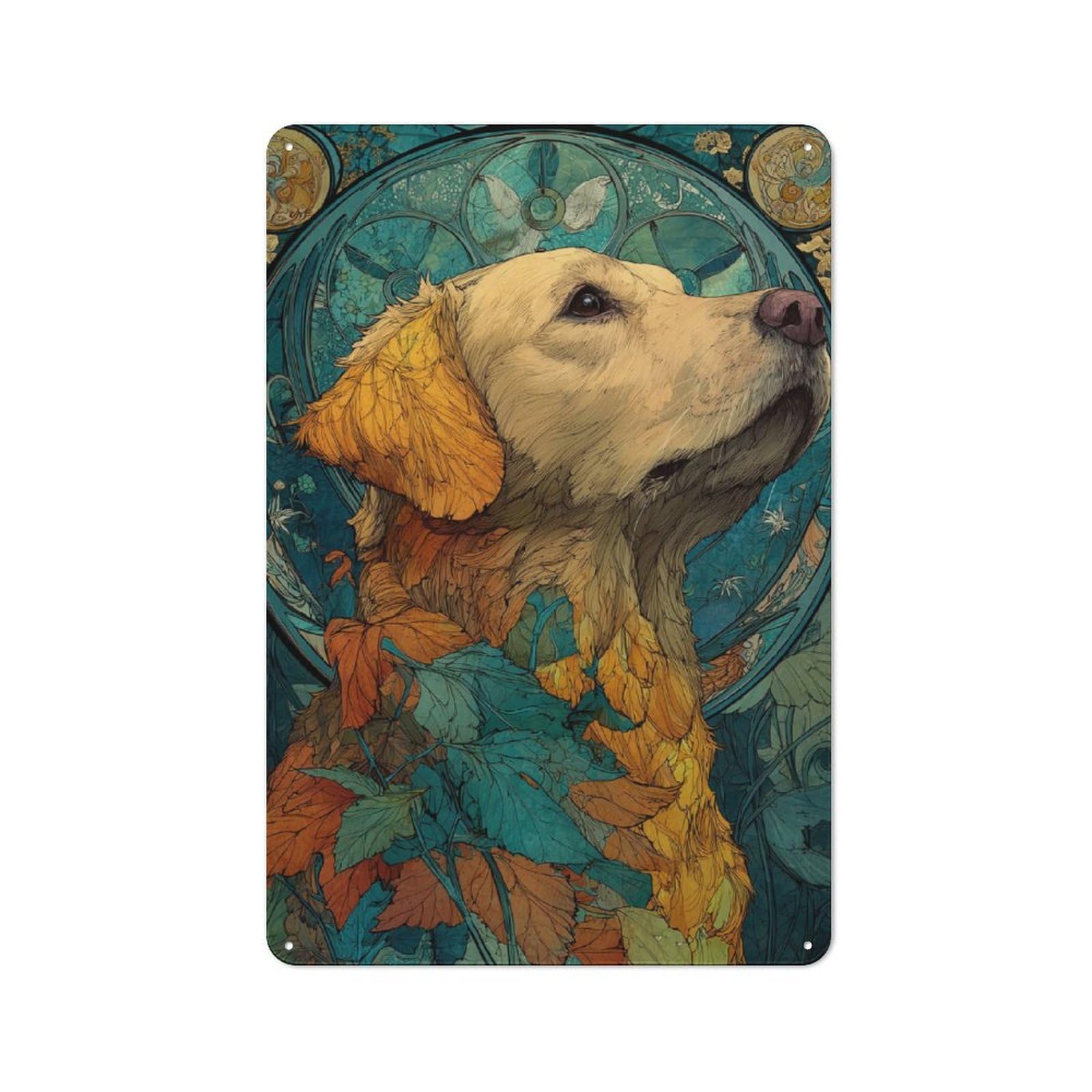 Junmoney Golden Retriever In Autumnal Art Nouveau Rustic Tin Sign 30X20cm Featuring For Café Or Home Bar, Gift Idea At Christmas For Hospitality Decor Collectors