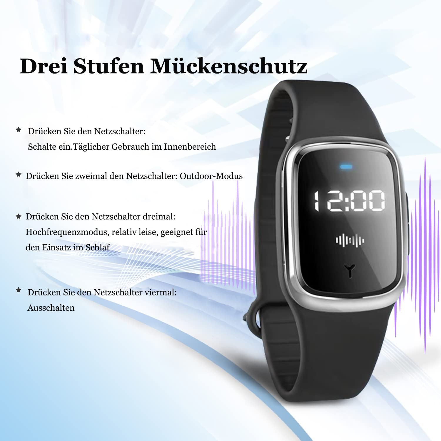 Mückenschutz-Armbänder, wasserdicht, Ultraschall, USB, wiederaufladbar, Anti-Moskito-Uhr, für Strand und Angeln, Erwachsene und Kinder, 130 Stunden Akkulaufzeit, Anzeige der Uhr