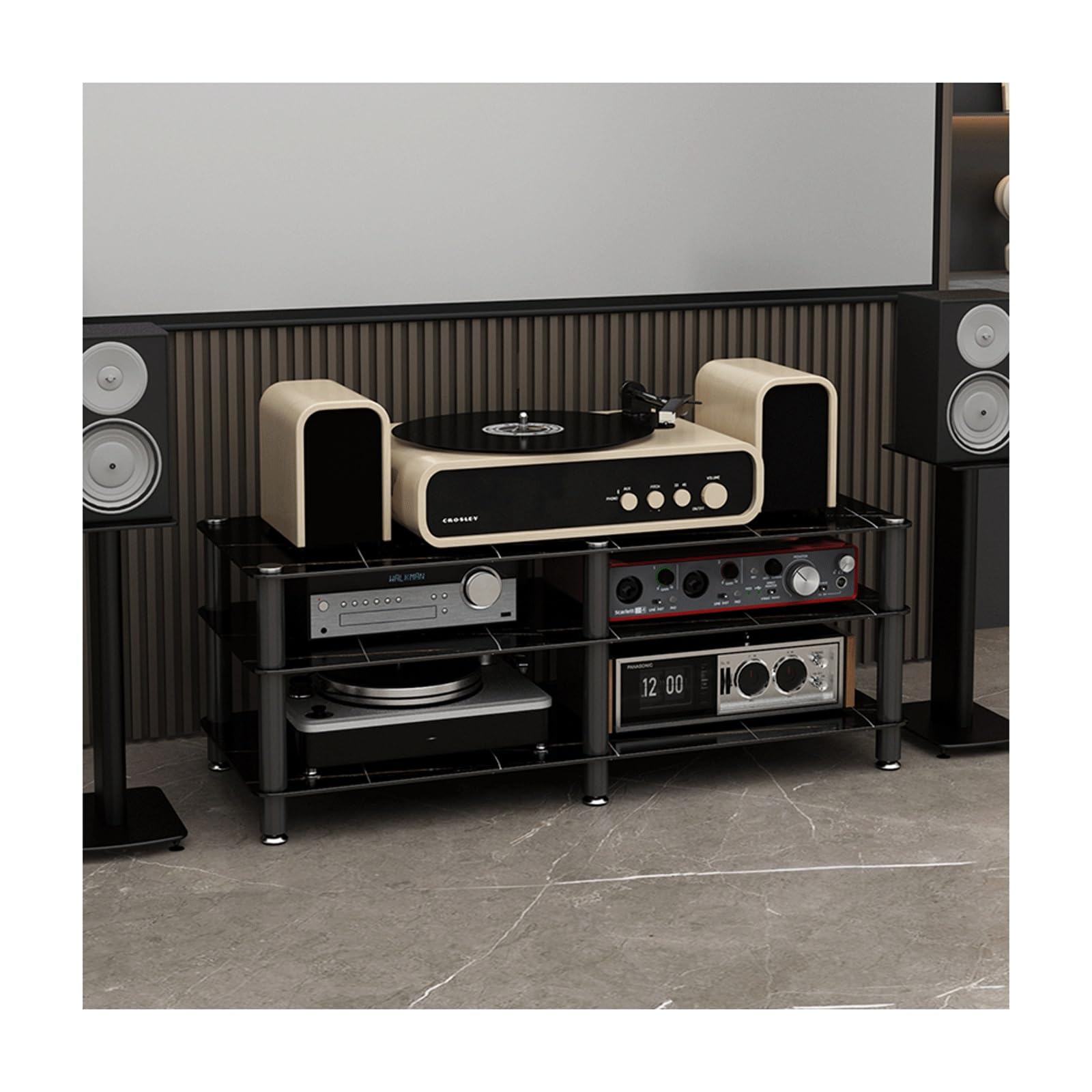 Meuble support audio-vidéo à 3 niveaux en pierre et acier carbone