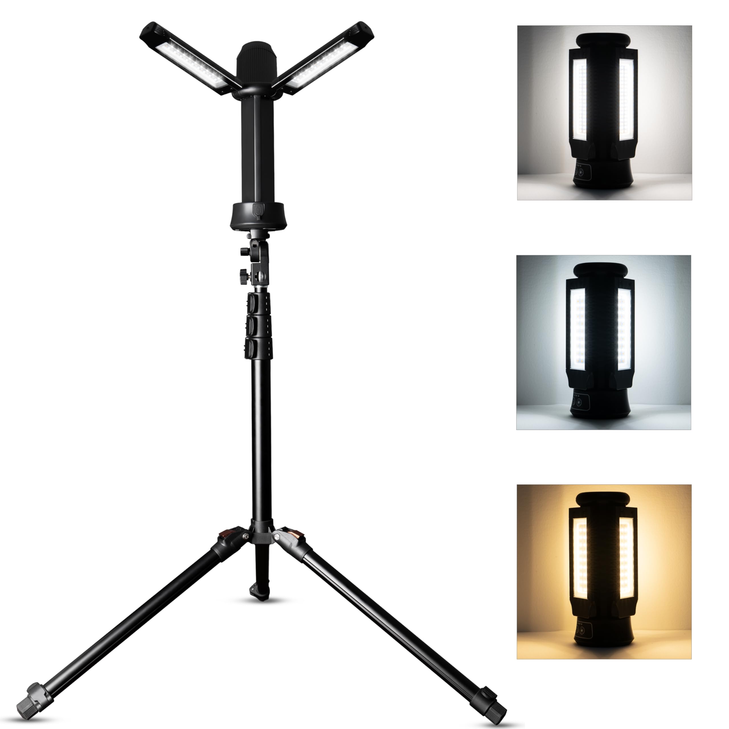 Lampada da campeggio a LED, 12000 mAh, ricaricabile, in alluminio nero, testa rotante a 270°, modalità a 3 colori con oscuramento, luce da lavoro portatile con treppiede, per esterni, campeggio