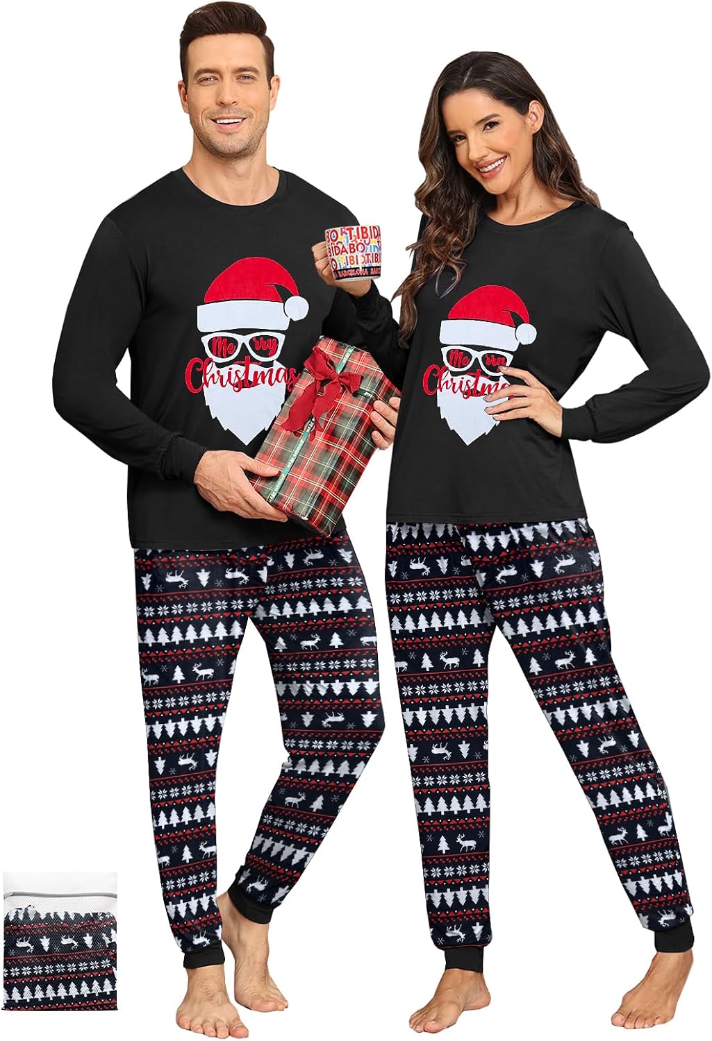 Christmas Pajamas for Couples Long Sleeve Christmas Plaid Pjs Xmas Sleepwear, Black & Black Print Glasses-L
