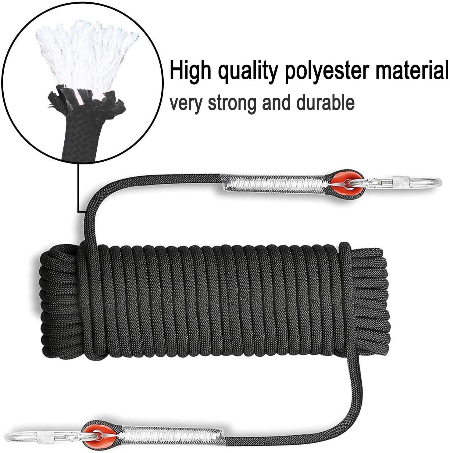 Outdoor-Kletterseil+schnell trocknendes Handtuch,Nylon Seil Klettern Sicherheitsseil Durchmesser 10.5mm,Lagergewicht 1200kg,mit 2 Karabinern