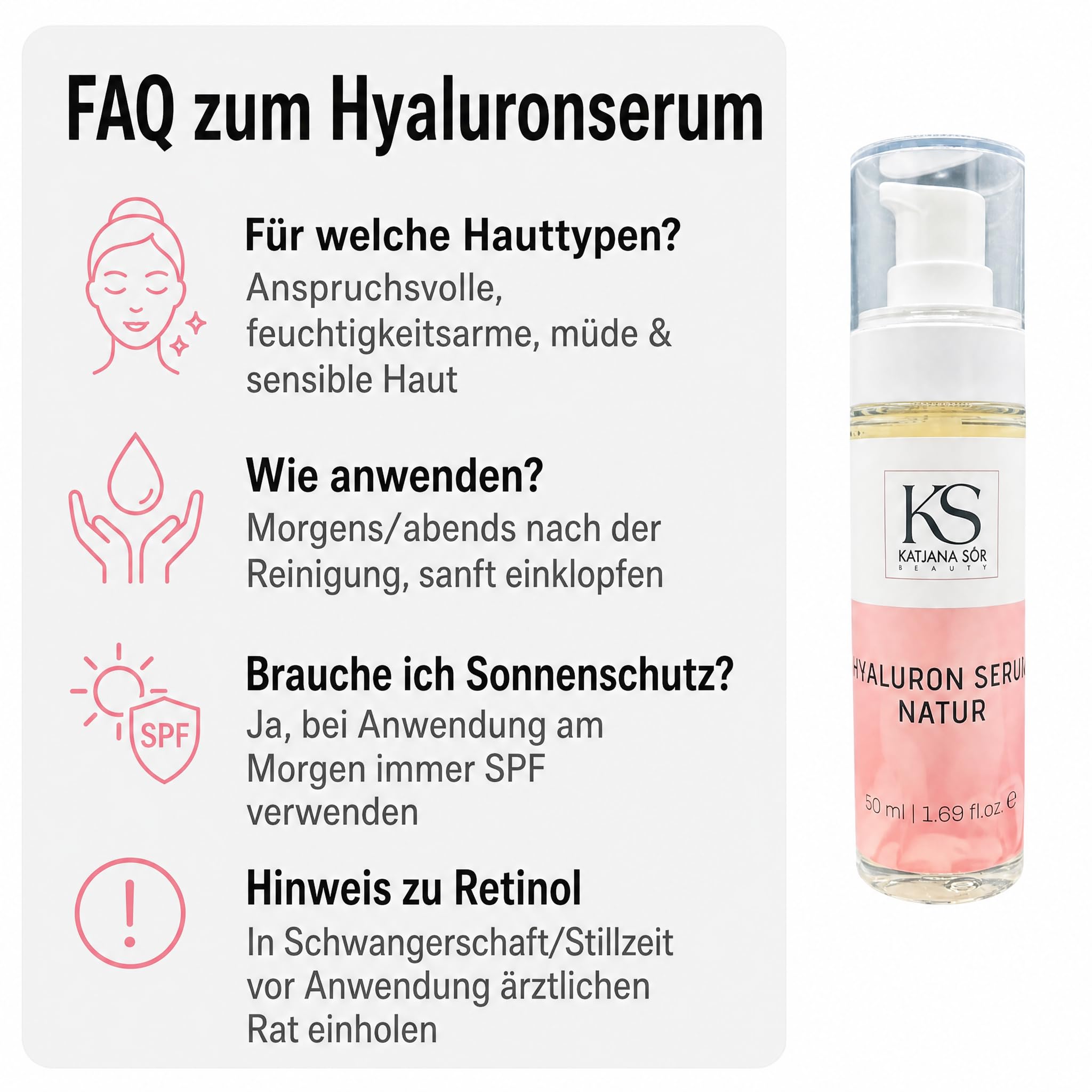KS Beauty Hyaluronserum Natur – Feuchtigkeitsserum mit Hyaluronsäure, Aloe Vera, Retinol, Astaxanthin & Vitamin E (50 ml)