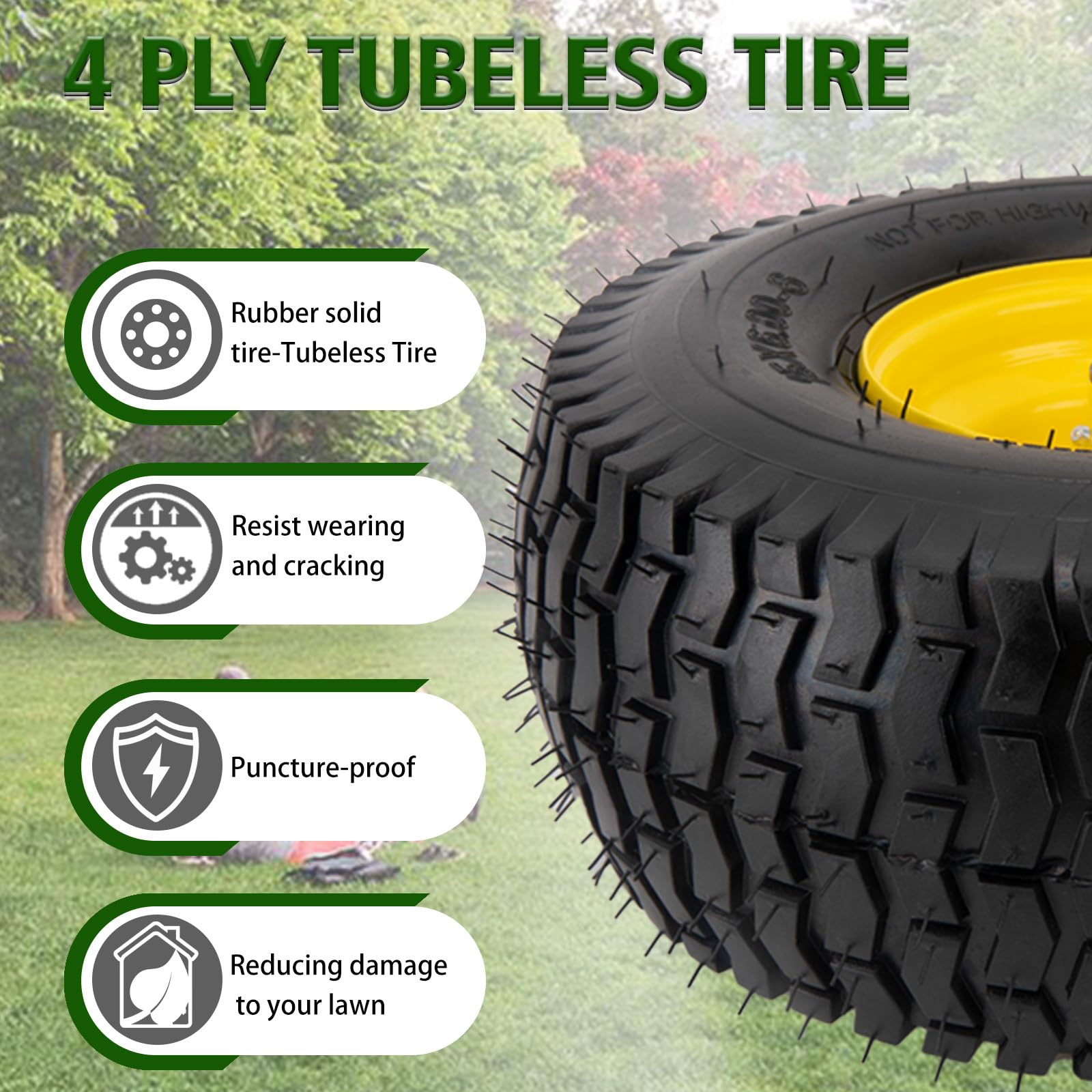 Neumáticos para cortacésped de 15 x 6.00-6 nhs, paquete de 2 neumáticos delanteros sin cámara de 4 capas de 15 x 6-6 con montaje de rueda para cortacésped John Deere, cubo de desplazamiento de 3