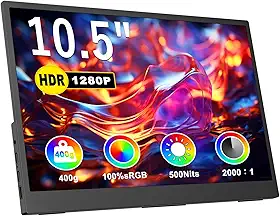Monitor portátil de 10,5 polegadas, 1920 x 1280p, FHD ultrafino, mini monitor 3: 2.500nits, 2000:1, com suporte ajustável de 45°, monitor de computador HDMI USB-C padrão para laptop, PC, telefone, Mac