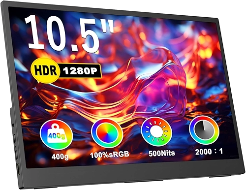 Monitor portátil de 10,5 polegadas, 1920 x 1280p, FHD ultrafino, mini monitor 3: 2.500nits, 2000:1, com suporte ajustável de 45°, monitor de computador HDMI USB-C padrão para laptop, PC, telefone, Mac