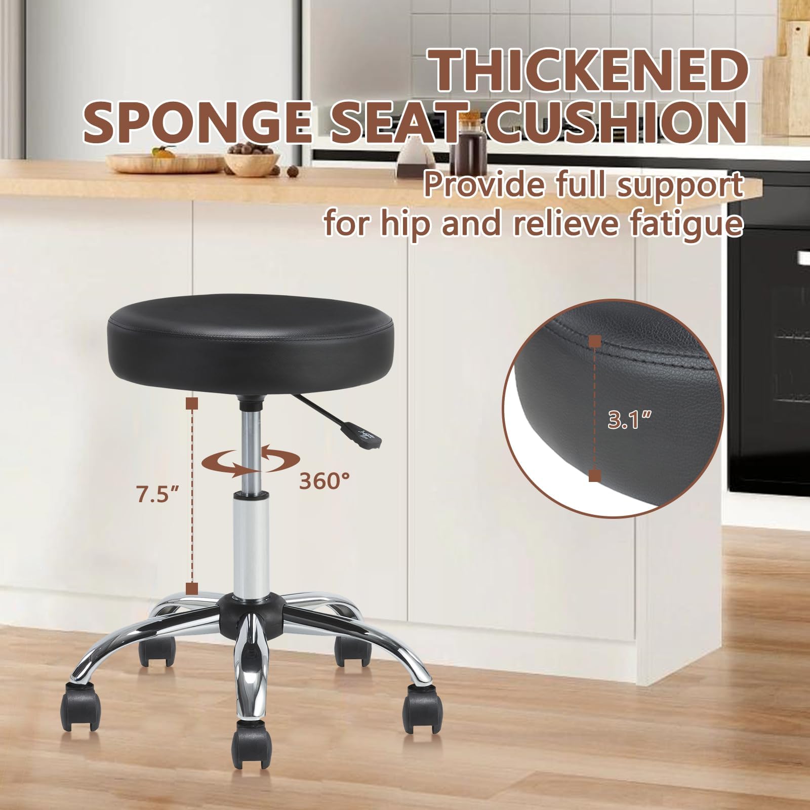 KLASIKA Adjustable Hydraulic Rolling Swivel Stool Chair with Cushion and Wheels