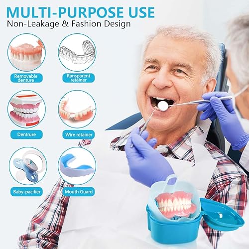 Miniatura 88 de Paquete de 2 cajas de baño para dentaduras postizas, contenedor de almacenamiento con cesta coladora para limpieza de viajes (azul claro y azul)