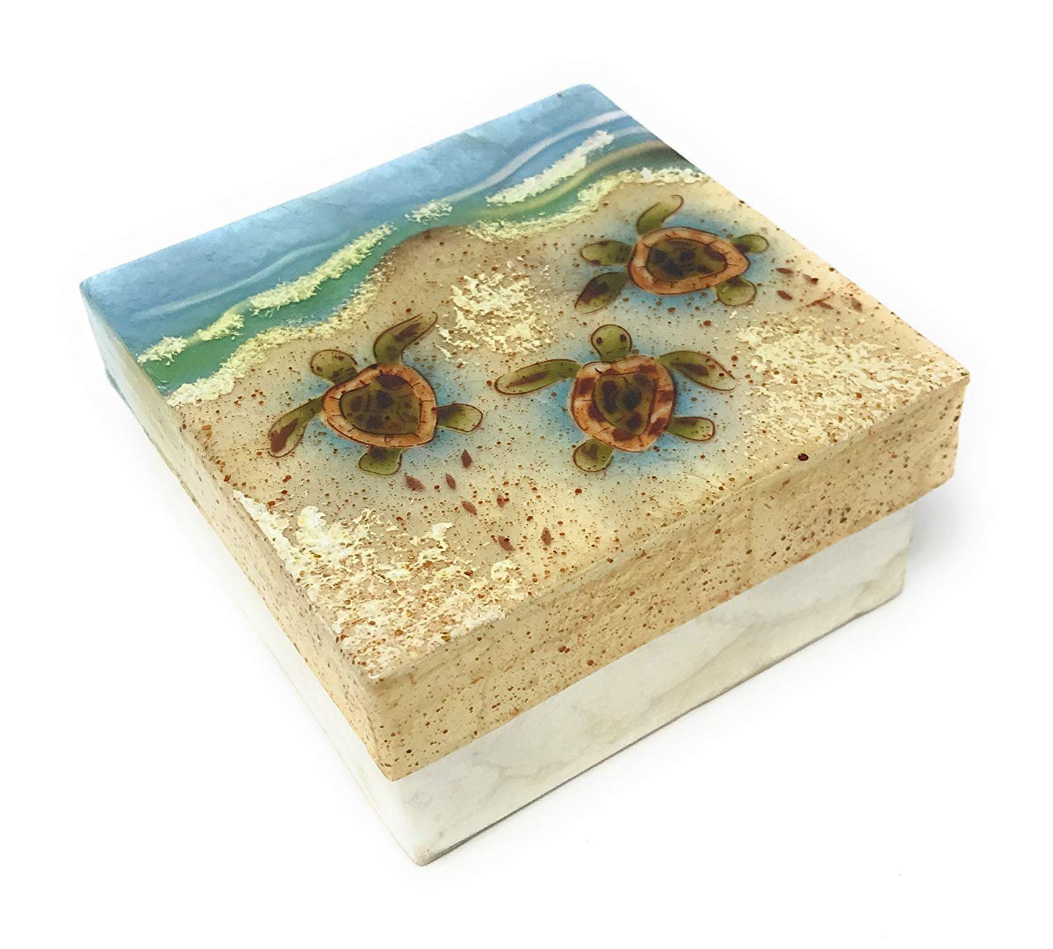 Baby Sea Turtles on Beach Capiz Shell Keepsake Box, 4 Inches X 4 Inches