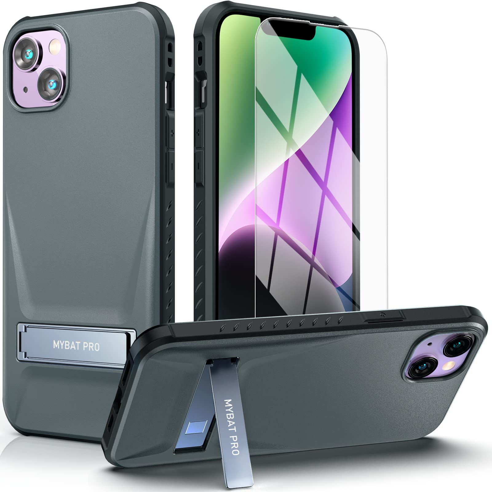 MyBat Pro Beyonder Series for iPhone 14 Case with Stand and Screen Protector (6.1"), Military Grade Protective Slim Thin Durable Hard Shockproof Slip Proof Simple Solid Cute Case for Men, Grey