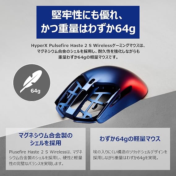 HyperX Pulsefire Haste 2 S Wireless Gaming Mouse Navy Japanese Authorized | Durable magnesium alloy shell, lightweight, 2.4 oz 64 g, 26K sensor, HyperX glass skate, symmetrical, dual wireless