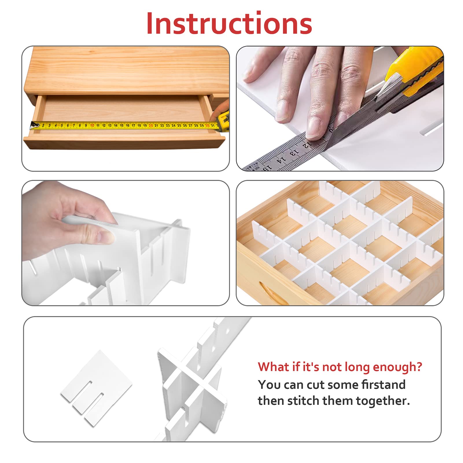HGYZE Divisori per Cassetti Regolabili in Plastica, 42x9CM Organizzatori Modulare, Griglia Organizer Armadio o Desktop per Bagno Cucina o Ufficio, Ordine Calze e Slip (Bianco)