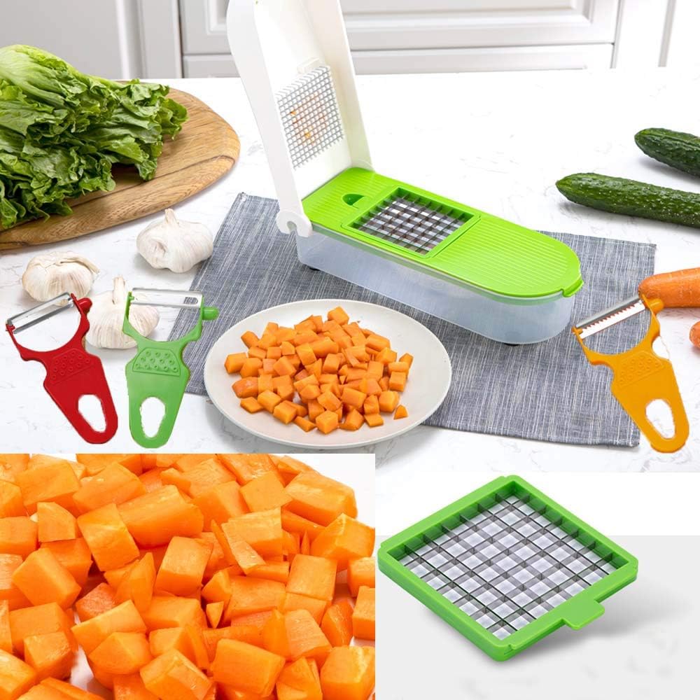 LHS Vegetable Chopper, Pro Onion Slicer Dicer Cutter Shredded- Cheese & Veggie Plus Peeler and Julienne with 8 Blades (Green)