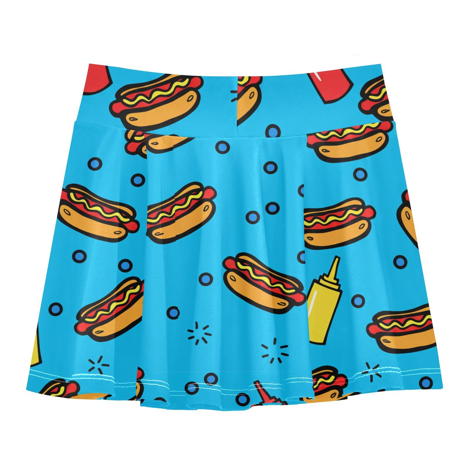 CHIFIGNO Cute Cartoon Hot Dogs Blue Girls Tennis Skort Athletic Golf Skirts High Waisted Sport Skirt with Shorts Size 5-6